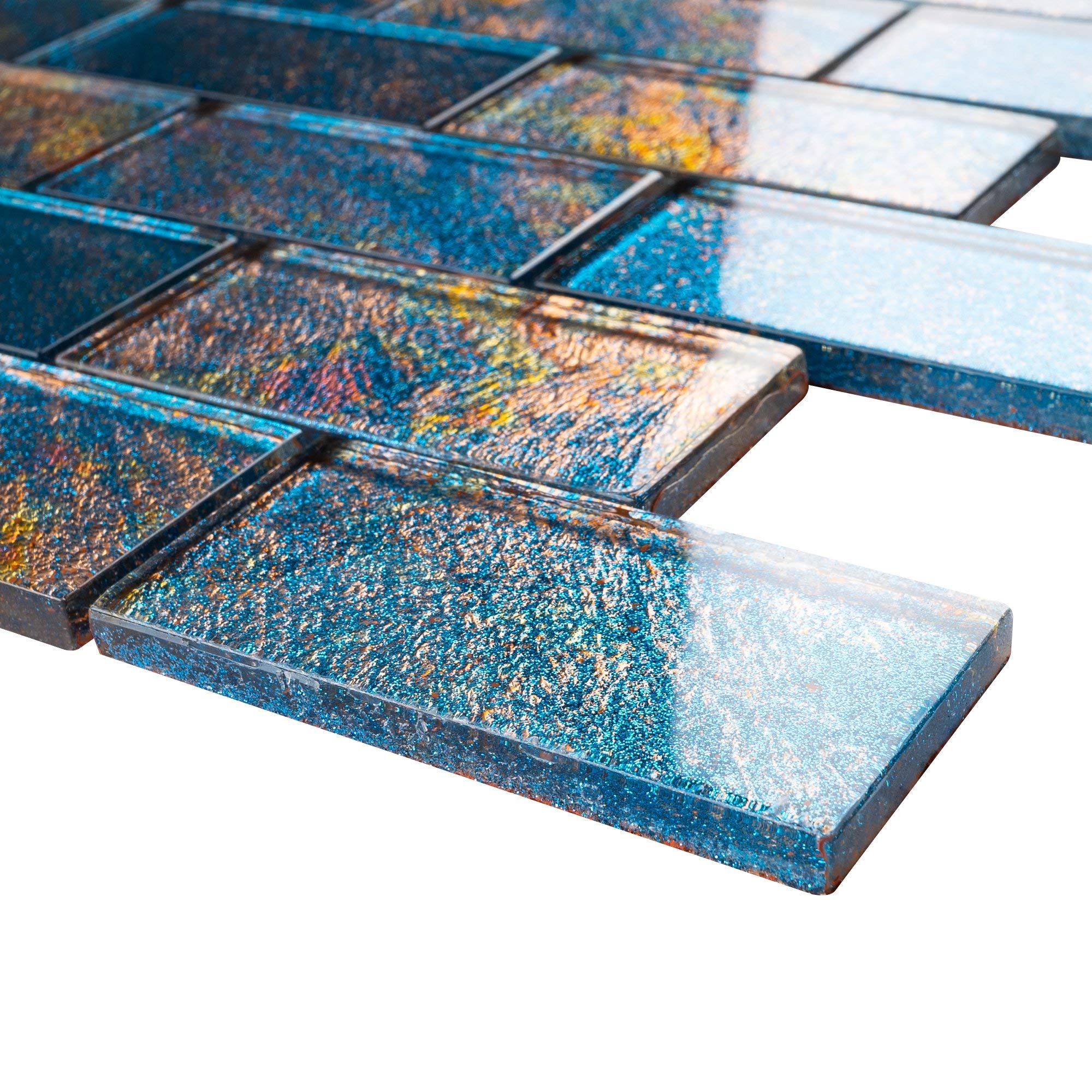 TGKG-02 Blue Galaxy 2x4 Glass Mosaic Tile Sheet - 10 Pack - Subway Tile for Kitchen Backsplash, Bathroom Wall & Shower Decor - Waterproof Peel & Stick DIY Installation