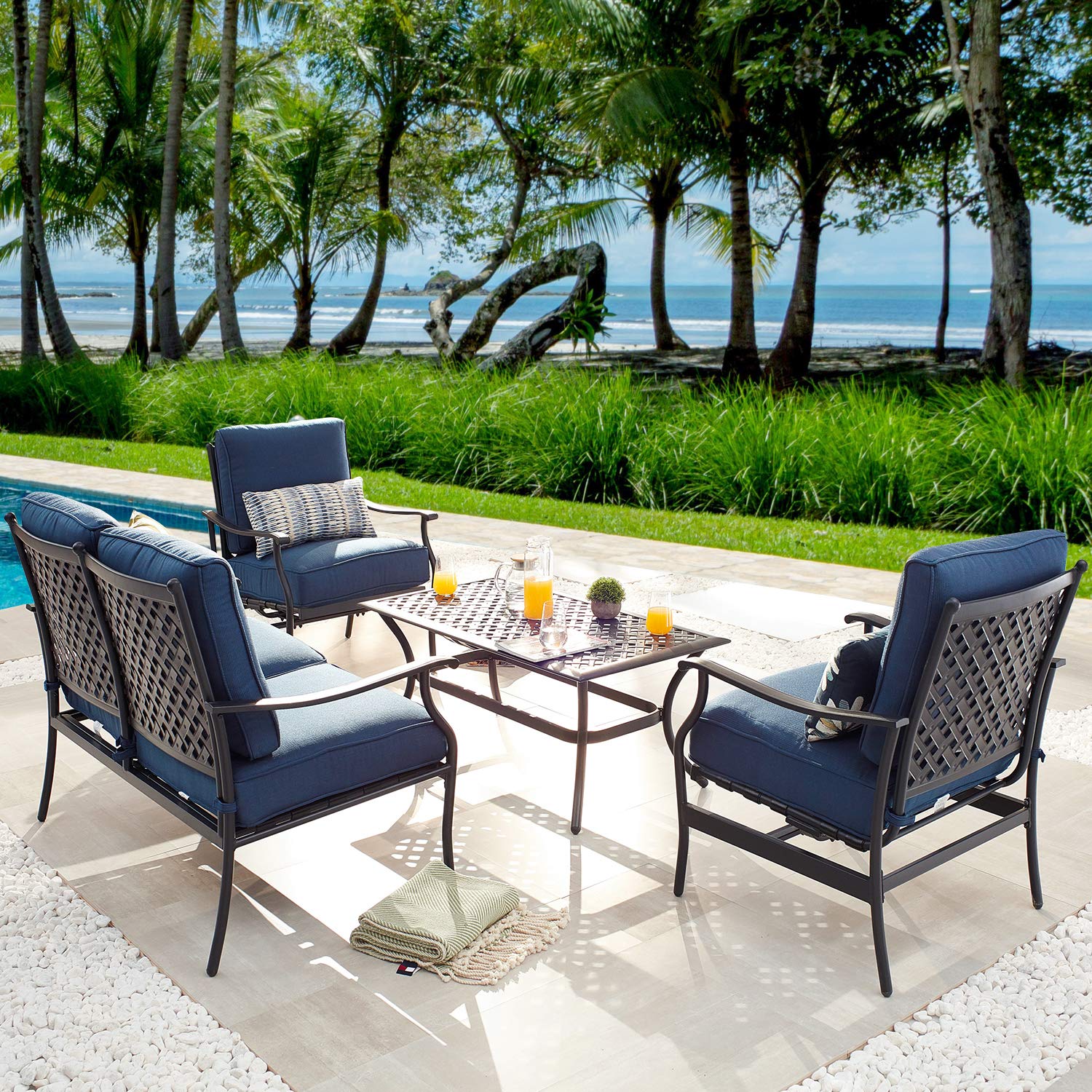Heavy Duty 2-Person Outdoor Loveseat Set with Cushions & Coffee Table - All-Weather Steel Frame Patio Furniture (Blue, 2-Piece Set) - Perfect for Backyard, Garden, Deck or Poolside Relaxation