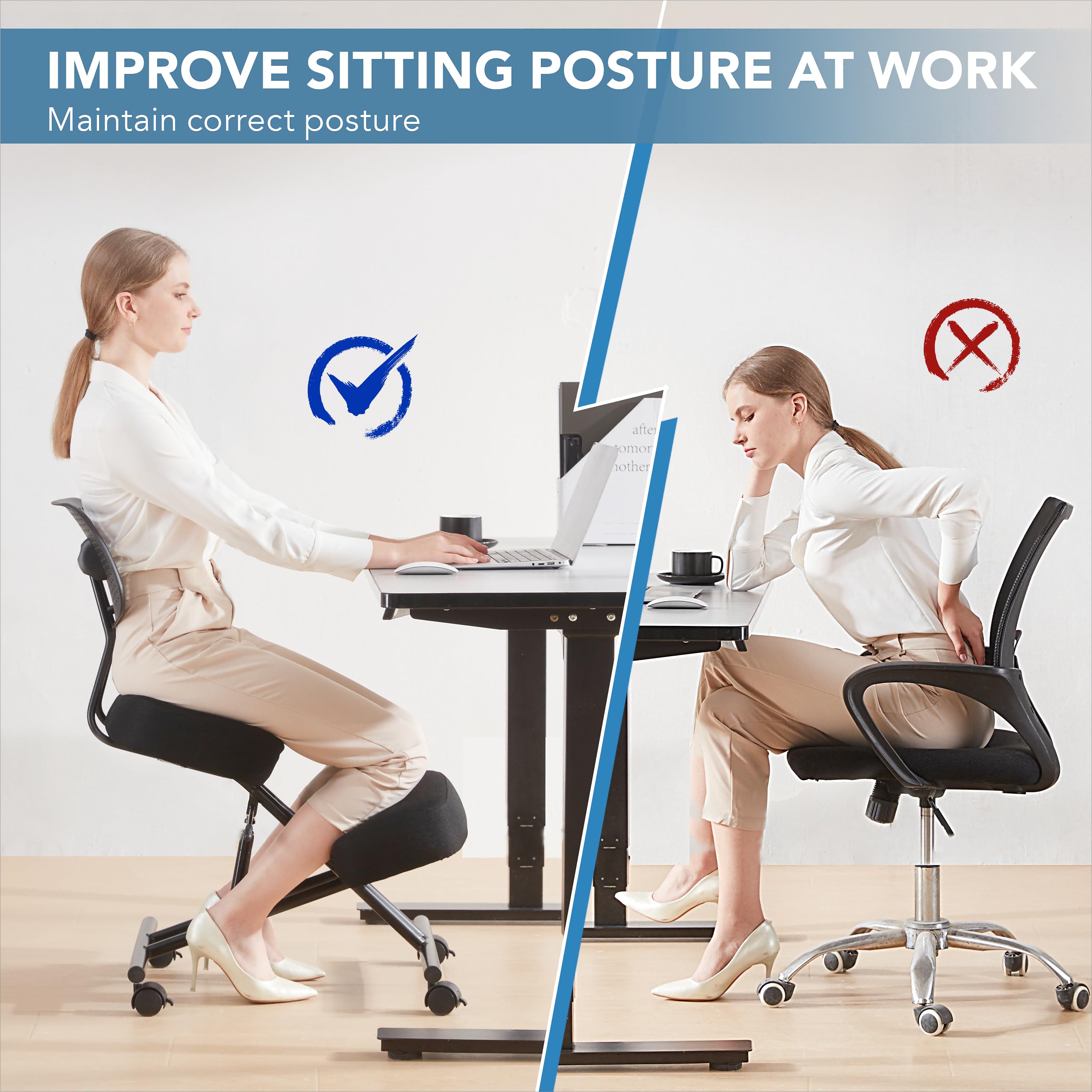 Ergonomic Kneeling Chair with Back Support - Adjustable Posture Stool for Office & Home Use, Black Linen Fabric with Brake & Gliding Casters - Relieves Back Pain, Improves Posture | Perfect for Home Office, Meditation & Reading Nook