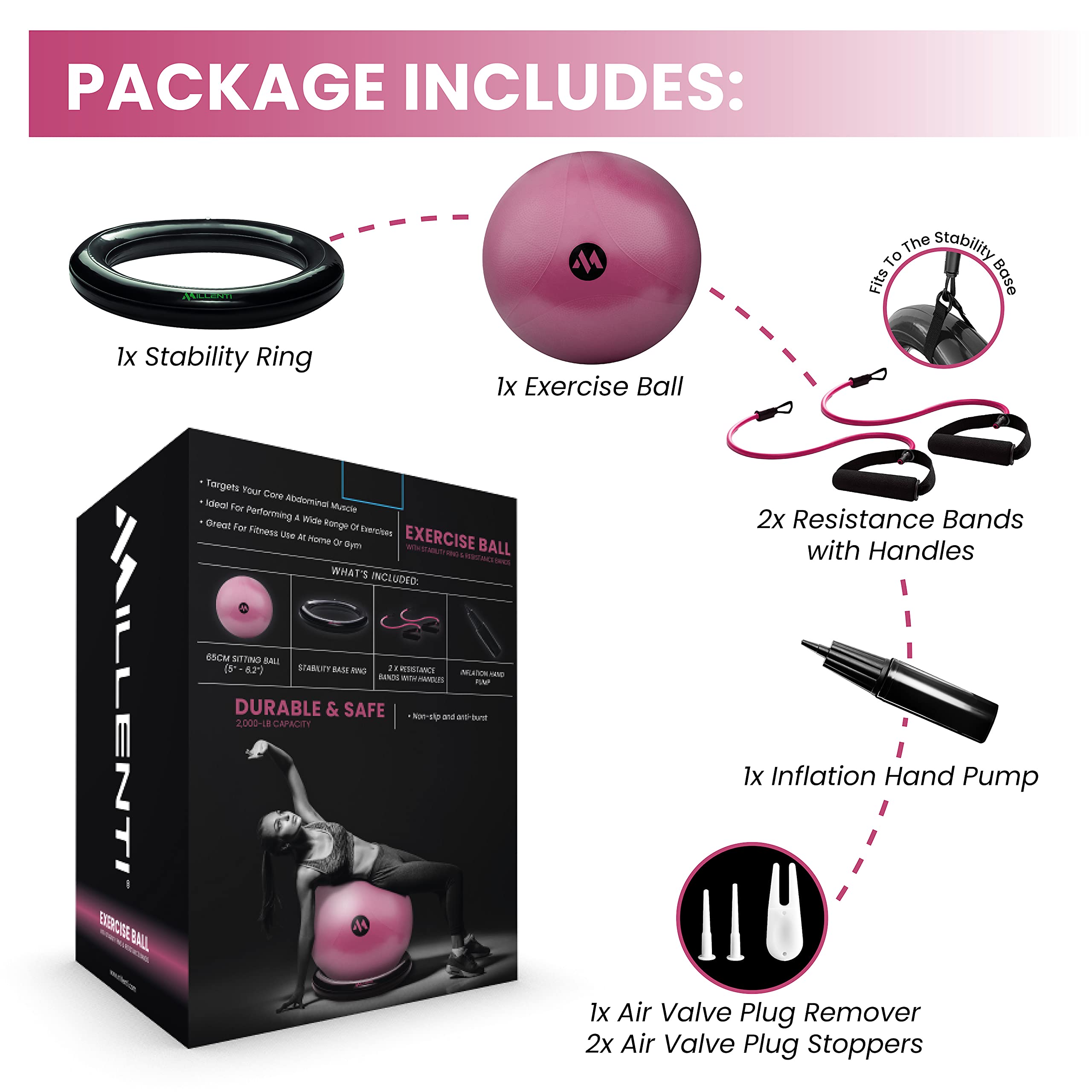 Millenti 65cm Exercise Ball Chair with Stability Base Ring Kit & Fitness Resistance Bands - Yoga, Pilates, Home Gym, Office Chair, Pregnancy Birthing Ball - Includes Workout Chart for Home Fitness and Office Ergonomic Support