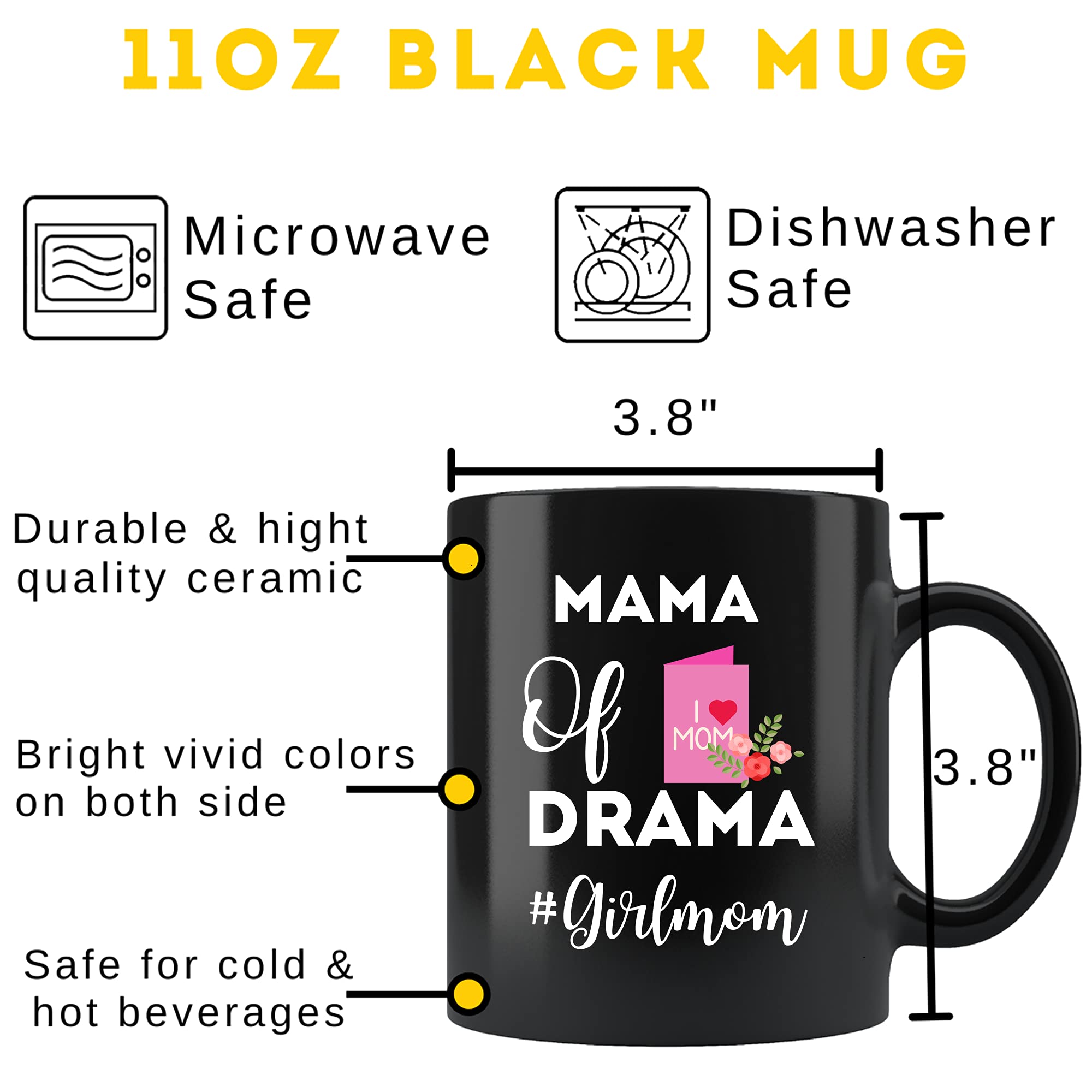 11Oz Black Coffee Mug for Mom - Funny 'Mama of Drama Girl' Mother's Day Gift - Ceramic Tea Cup with Handle - Perfect for Coffee, Tea, Hot Chocolate & Office/Home Use