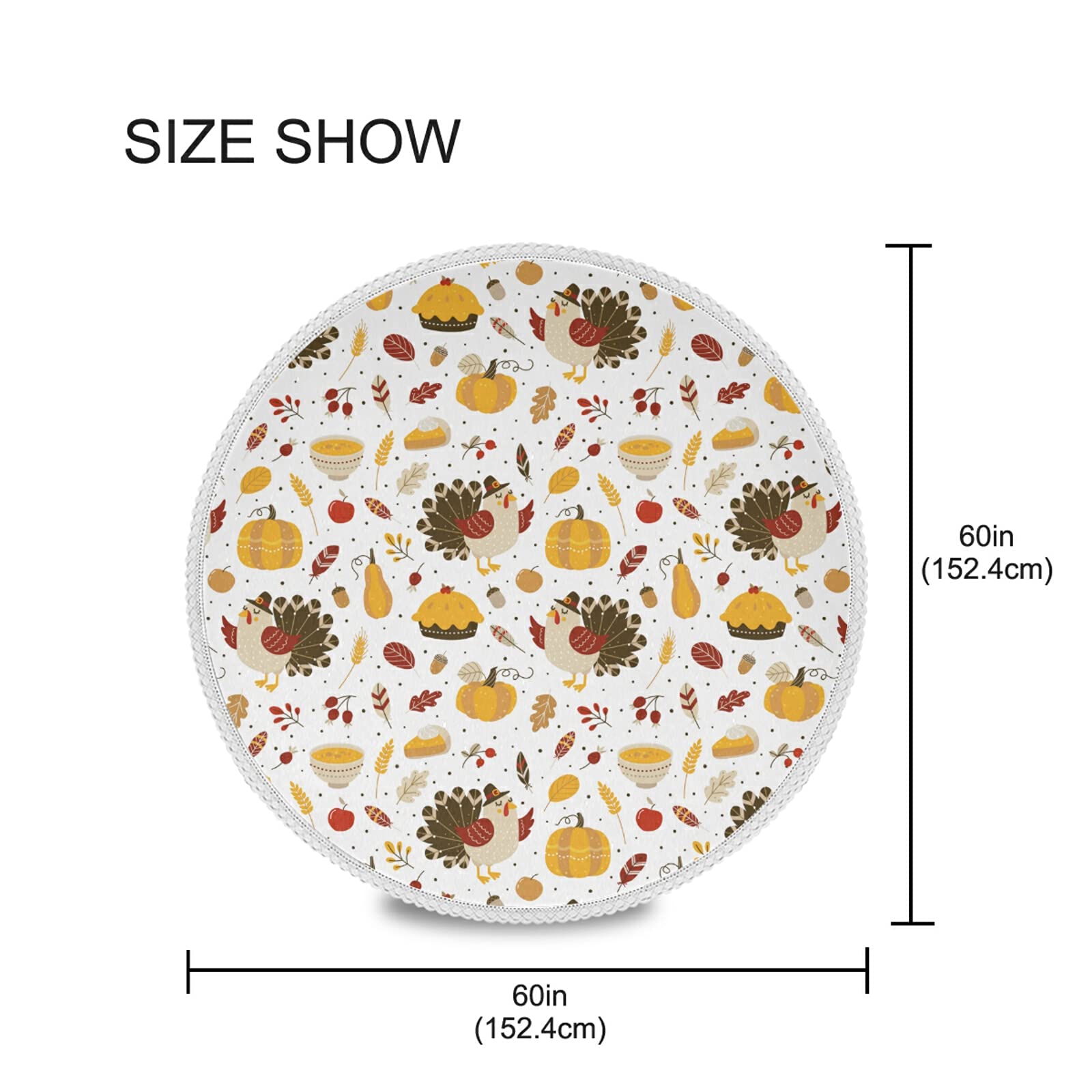 60 Inch Round White Lace Polyester Tablecloth with Pumpkin & Rooster Design - Perfect for Thanksgiving Dinner, Autumn Party Decor, and Holiday Table Setting