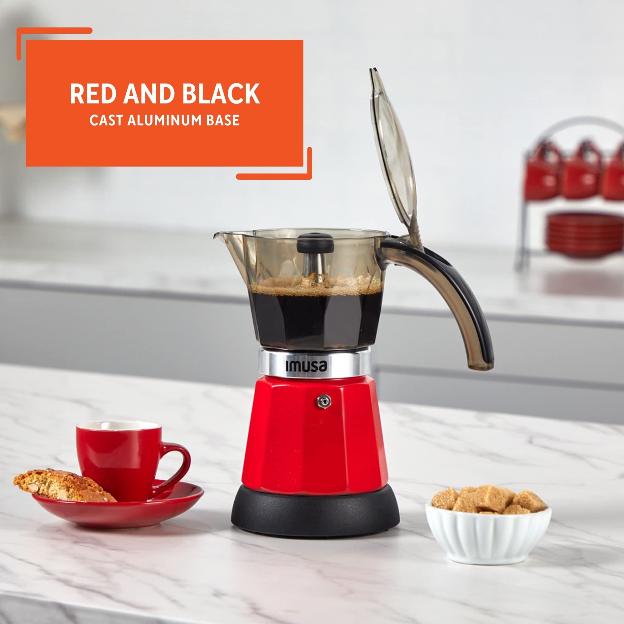 IMUSA 6-Cup or 3-Cup Electric Espresso Coffee Maker Machine, Stainless Steel with Red Finish - Perfect for Home, Office, or Small Kitchen Use