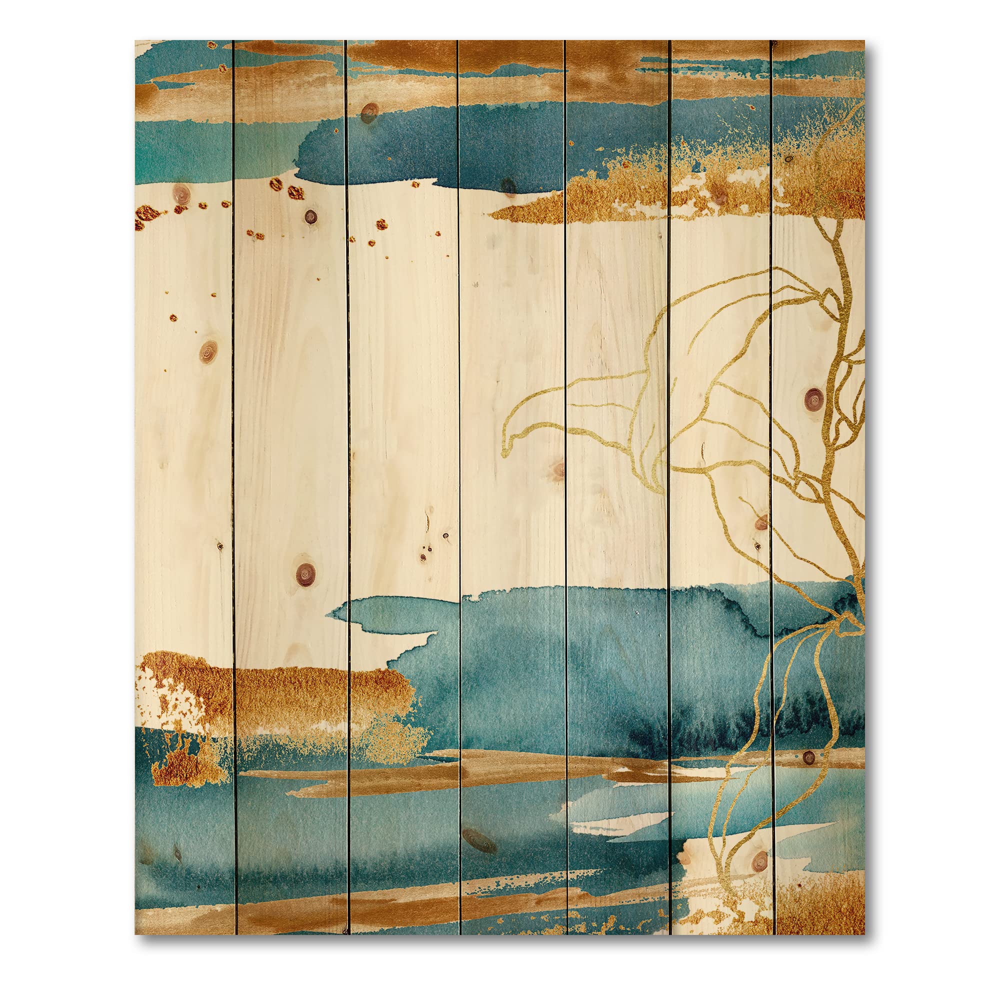 DesignQ Golden Laminaria Branch & Leaves Wood Wall Art - Handcrafted Blue Floral Wall Decor Panel Printed on Natural Pine Wood - Perfect for Living Room, Bedroom & Office Decoration