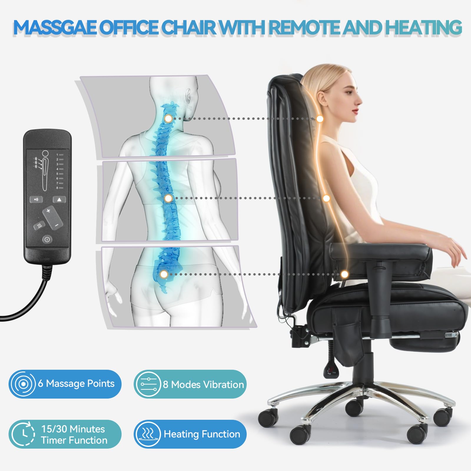 Big and Tall Office Chair with 6-Point Massage & Heating - Ergonomic Reclining Executive Chair with Lumbar Support for Home & Office Workspace Comfort