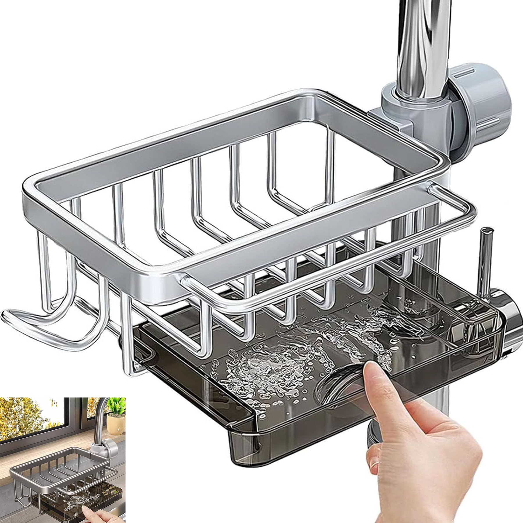 2024 New Kitchen Sink Faucet Organizer & Sponge Holder - Adjustable 0.7-1.1 Inch Round Pipe Caddy (Silver, Left) | Perfect for Small Kitchen Spaces & Dishwashing Organization