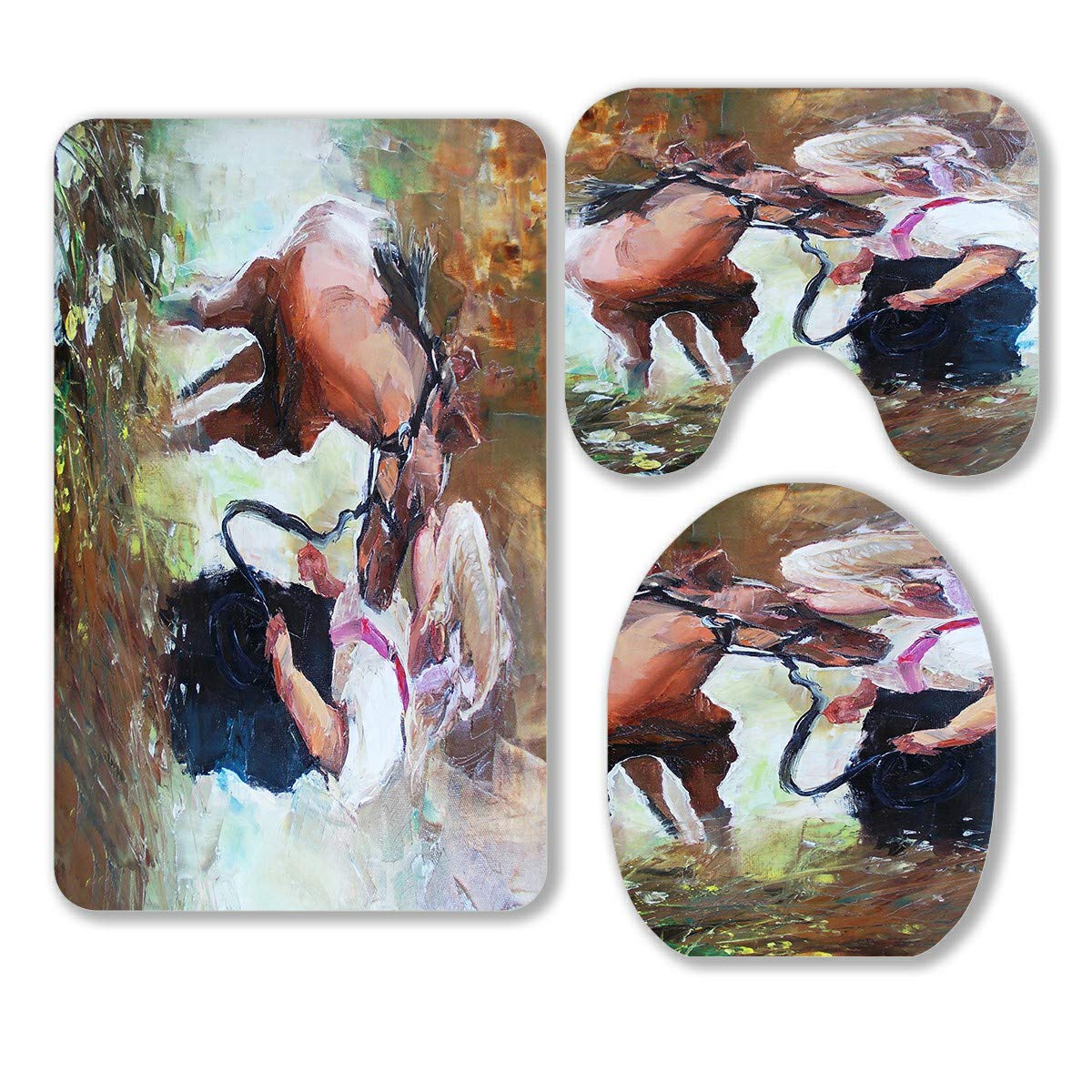 ECZJNT 3-Piece Bathroom Rug Set - Oil Painting Little Girl Pony Countryside Design, Non-Slip Bath Mat, Contour Mat & Toilet Lid Cover - Soft & Absorbent for Bathroom, Powder Room & Kids' Room Decor