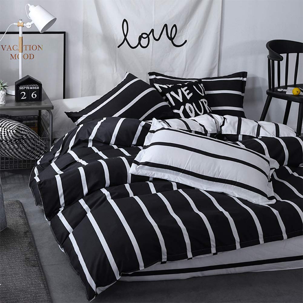 Premium Queen Size Duvet Cover Set - Reversible Black & White Striped Luxury Bedding (1 Duvet Cover + 2 Pillowcases) | Soft Breathable Fabric for All-Season Comfort | Perfect for Modern Bedrooms, Guest Rooms & Airbnb Listings