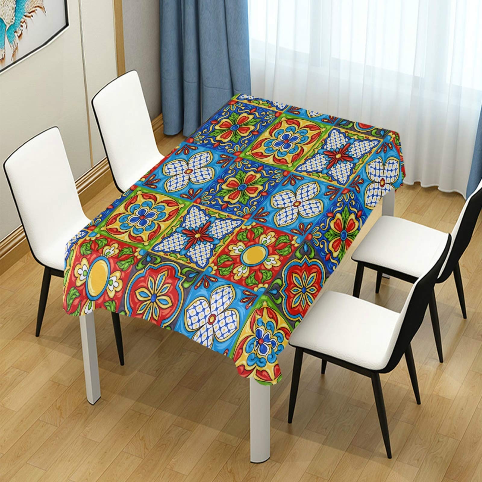 Qilmy Mexican Talavera Rectangle Tablecloth - Dust Proof, Anti-Wrinkle, Wipeable Table Cover for Kitchen, Dining, Wedding & Party Decor (54