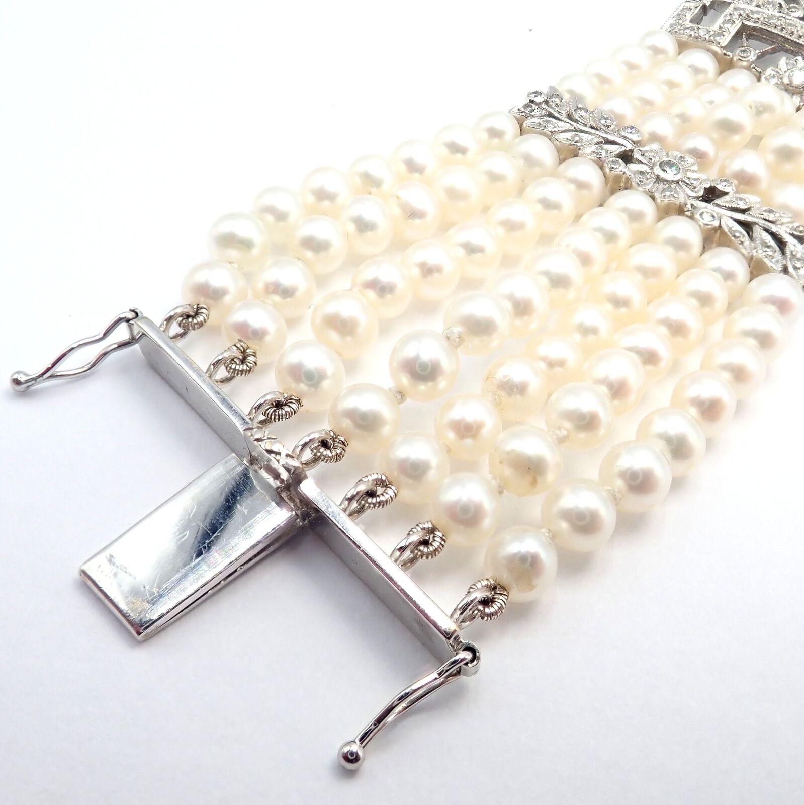 Vintage 18k White Gold Diamond & Pearl Bracelet - 7 Rows 4.5mm Pearls, Elegant Estate Jewelry for Women - Perfect for Weddings, Anniversaries & Special Occasions