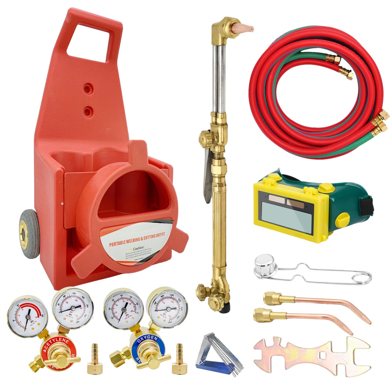 Oxy Acetylene Torch Kit - Medium Duty Gas Cutting & Welding Torch Set with Portable Tote, Dual Hose Regulator Gauges & Wheels - Ideal for Metal Fabrication, HVAC Repair, and DIY Welding Projects
