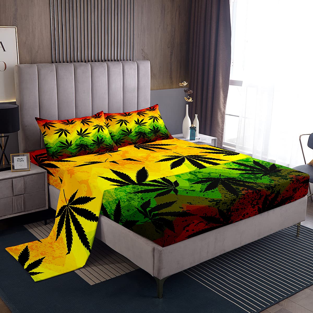 Erosebridal Cannabis Leaves Fitted Sheet Set - Queen Size Exotic Marijuana Weed Leaf Design, Colorful Plant Print Bedding with Deep Pockets & 2 Pillow Cases (4Pcs) - Perfect for Teens, Adult Women & Boho Room Decor