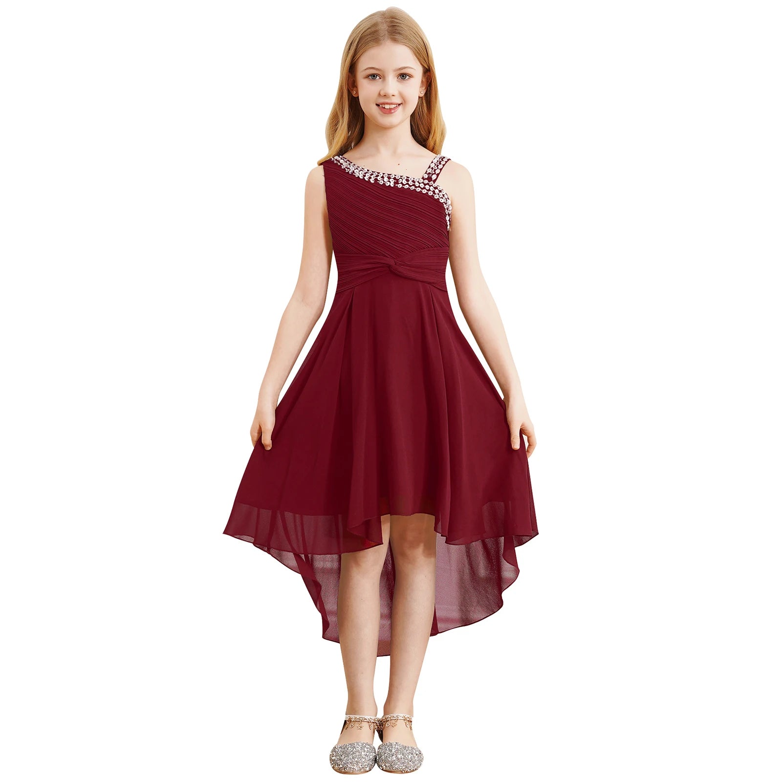 Elegant Chiffon Flower Girl Dress with Ruched Twisted Knot and High-Low Hem - Perfect for Weddings, Parties, and Special Occasions