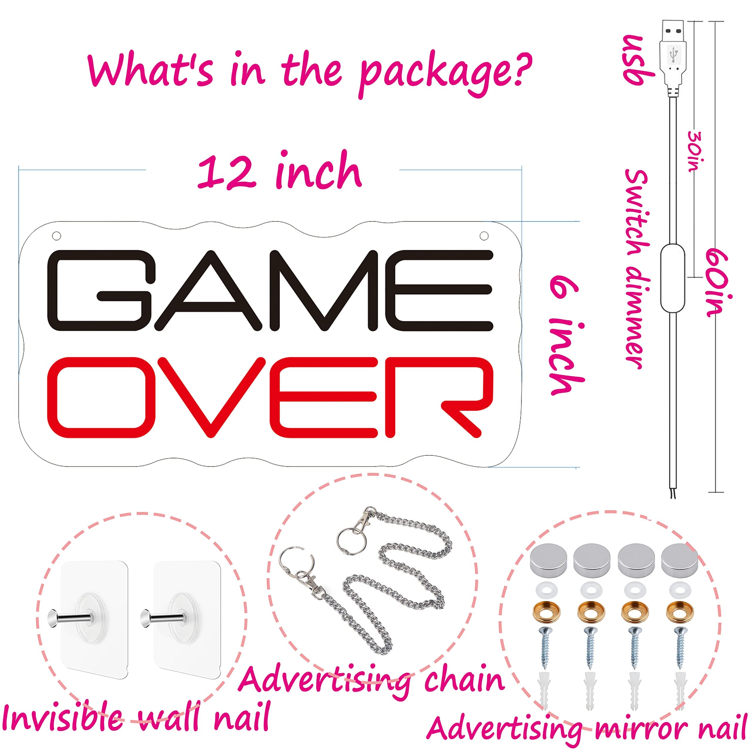 Game Over LED Neon Sign - USB Powered Wall Decor for Gaming Room, Teen Bedroom, Man Cave & Bar Party | Cool Neon Light Gift for Gamers, Boys & Teens - White