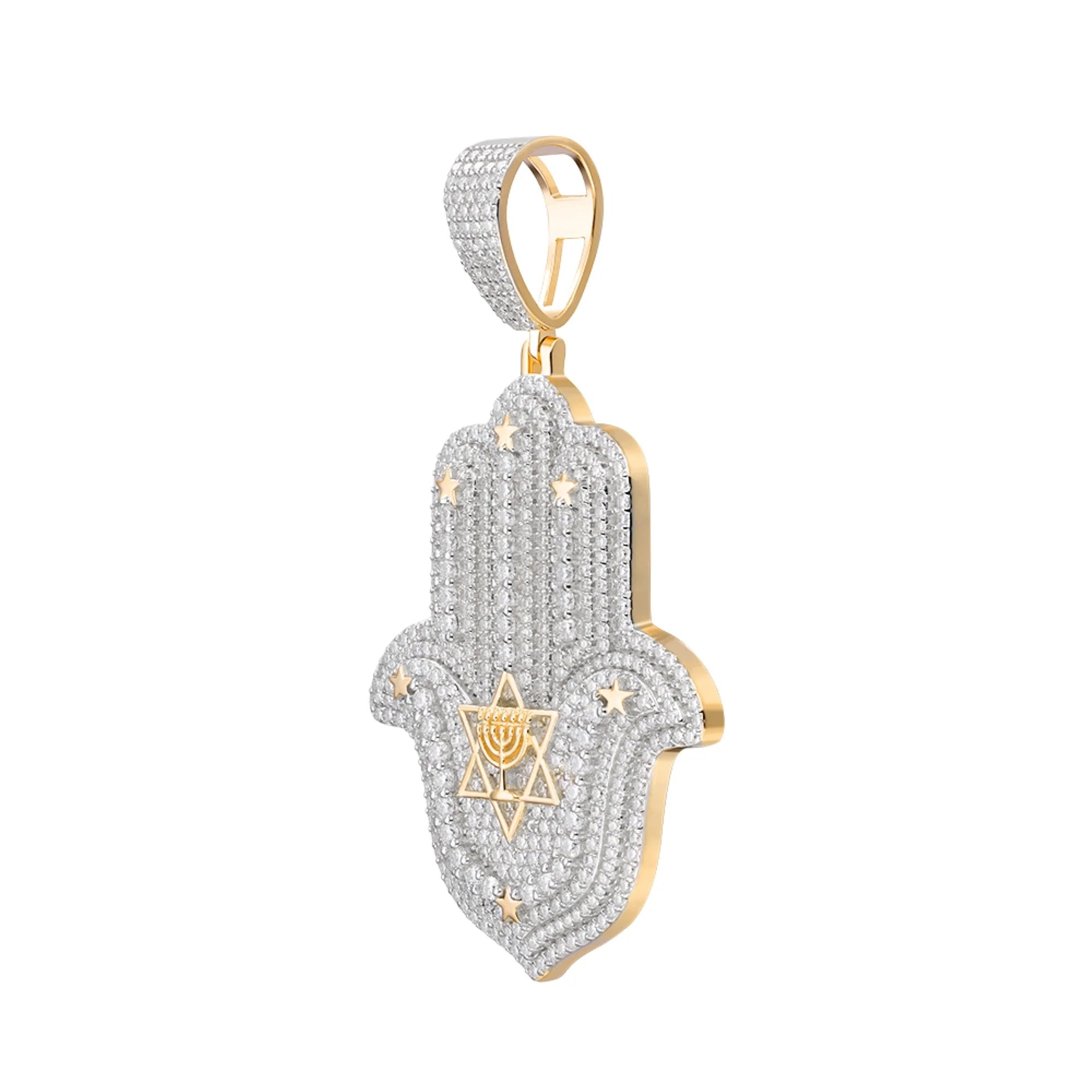 Moissanite Hamsa Hand Pendant Necklace - 925 Sterling Silver & 14K Gold Plated - Protection Jewelry for Women, Gift for Birthday, Wedding, Anniversary