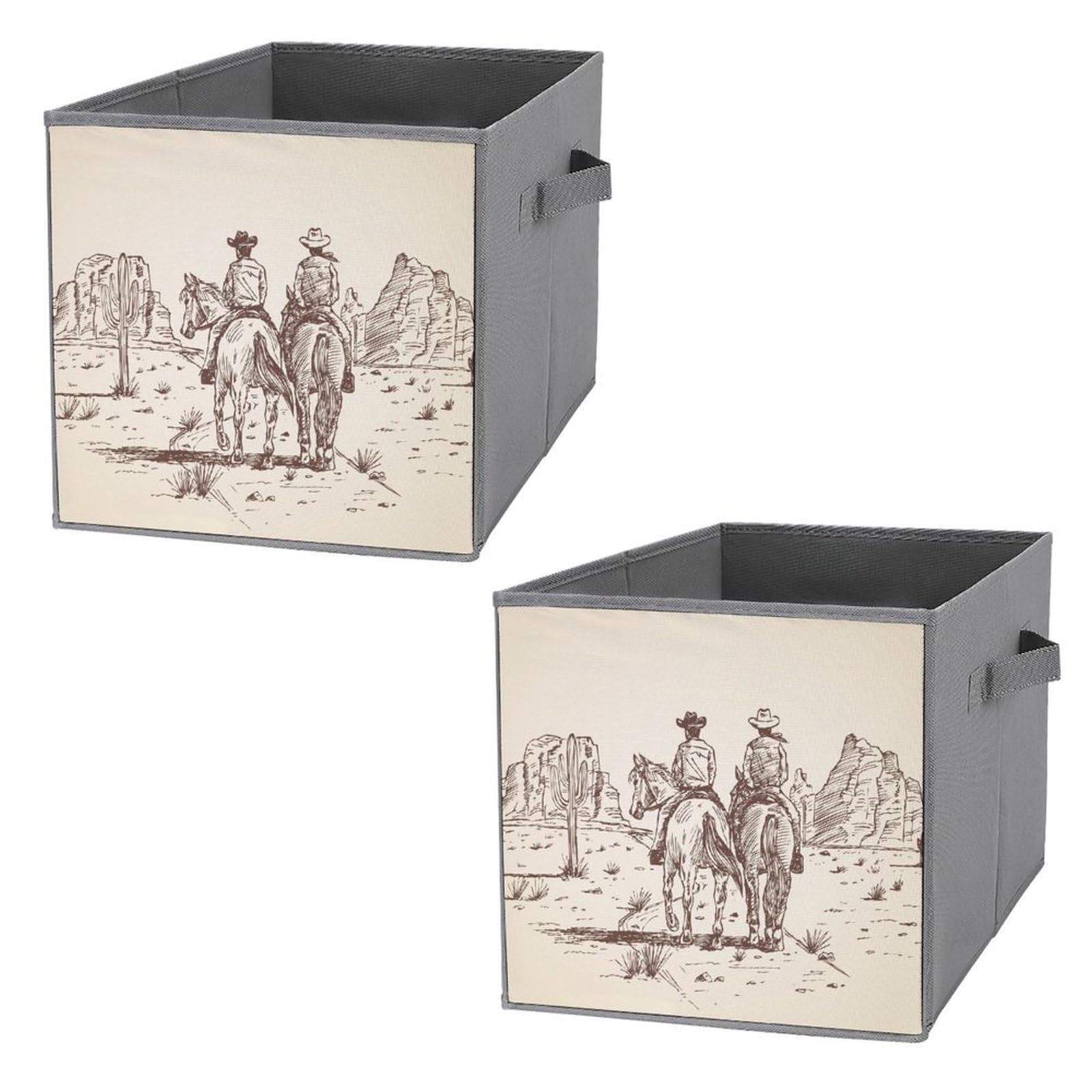 Western Desert Cowboy Riding Horses Fabric Storage Bins - Collapsible Storage Cubes with Double Handles for Clothes Organization (2-Pack) | Perfect for Bedroom, Closet & Nursery Storage Solutions