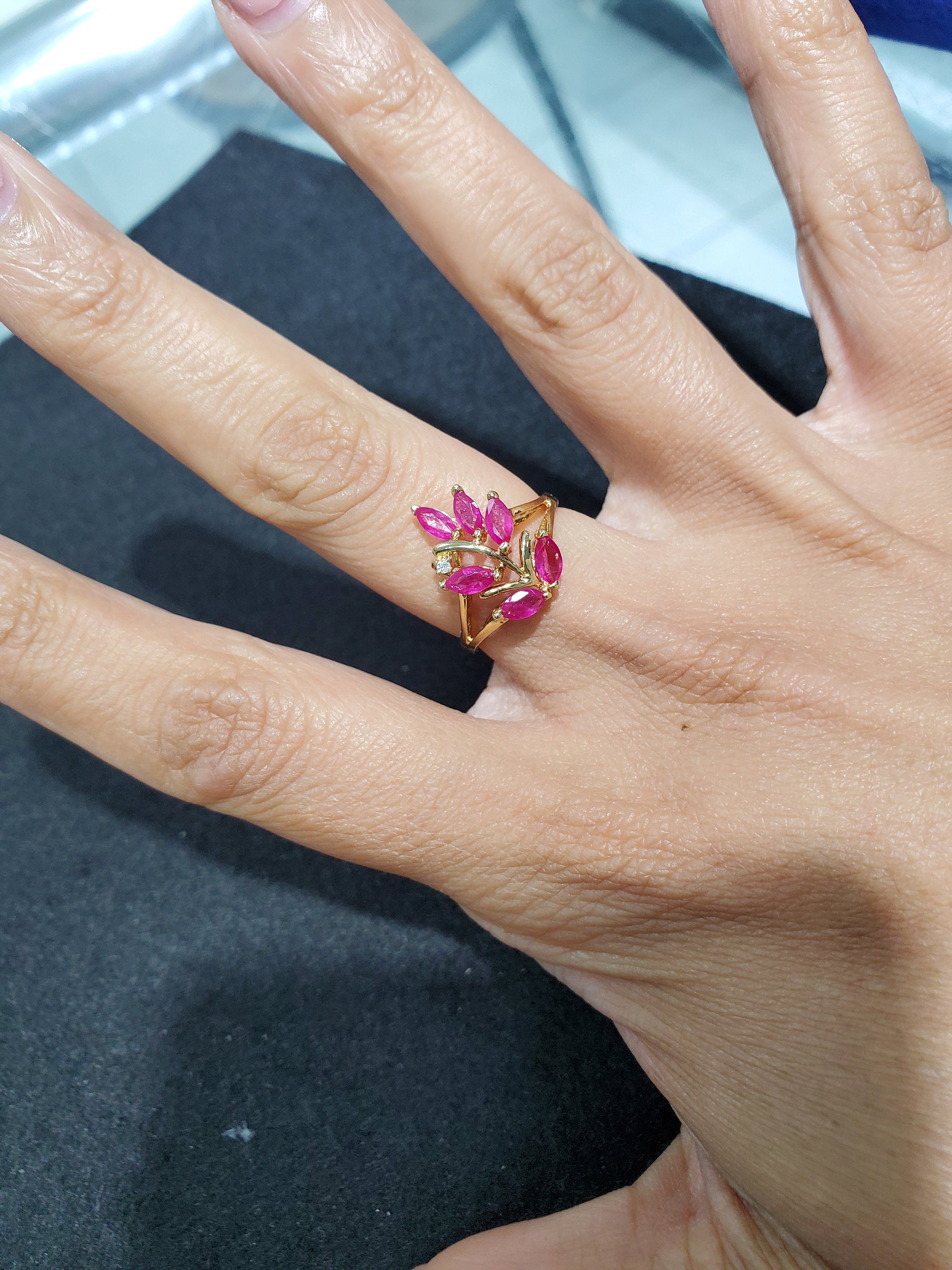 14k Yellow Gold Marquise Ruby Floral Cluster Ring - Elegant Vintage Jewelry for Weddings, Anniversaries & Special Occasions