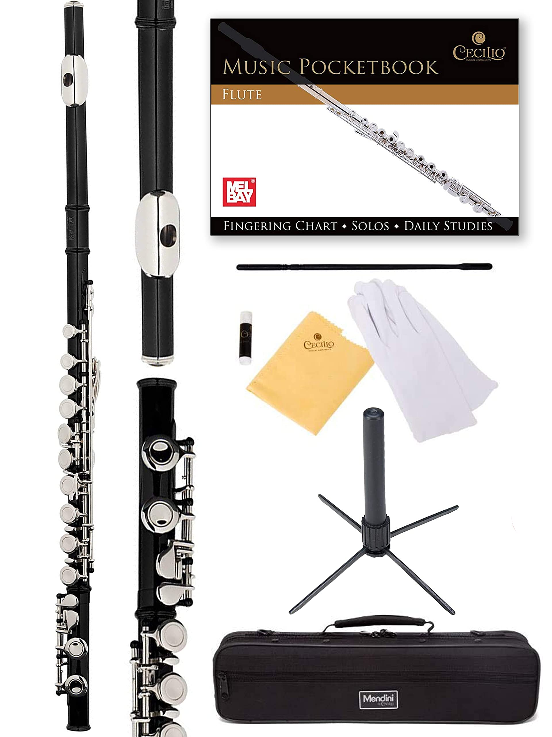 Mendini by Cecilio Closed Hole C Flute - 16 Key Beginner Flute with Case, Stand, Lesson Book & Cleaning Kit | Perfect Musical Instrument for Kids & Students | Ideal for School Bands, Music Lessons & Home Practice (Black)