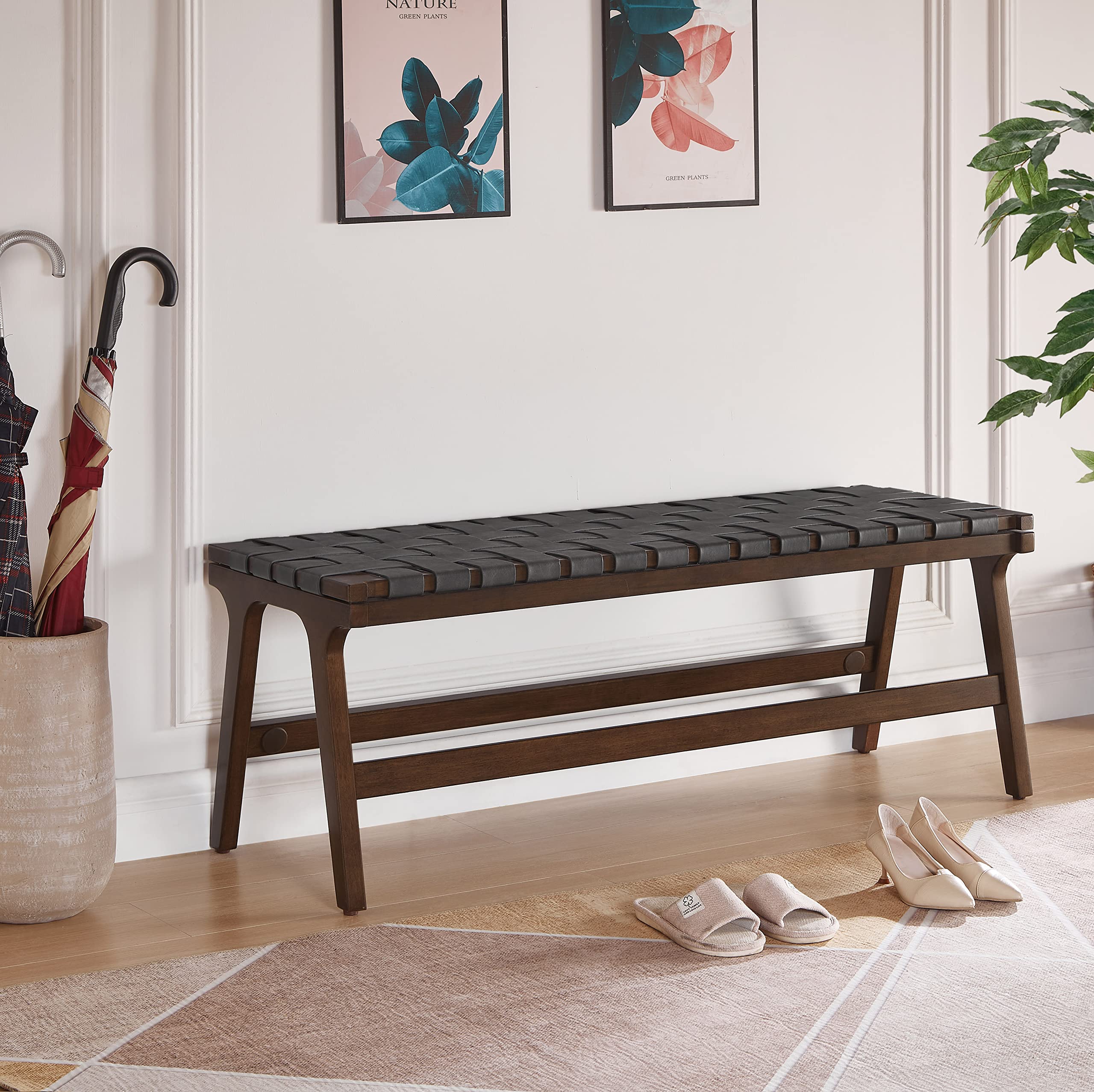 Faux Leather Woven Dining Bench - 48