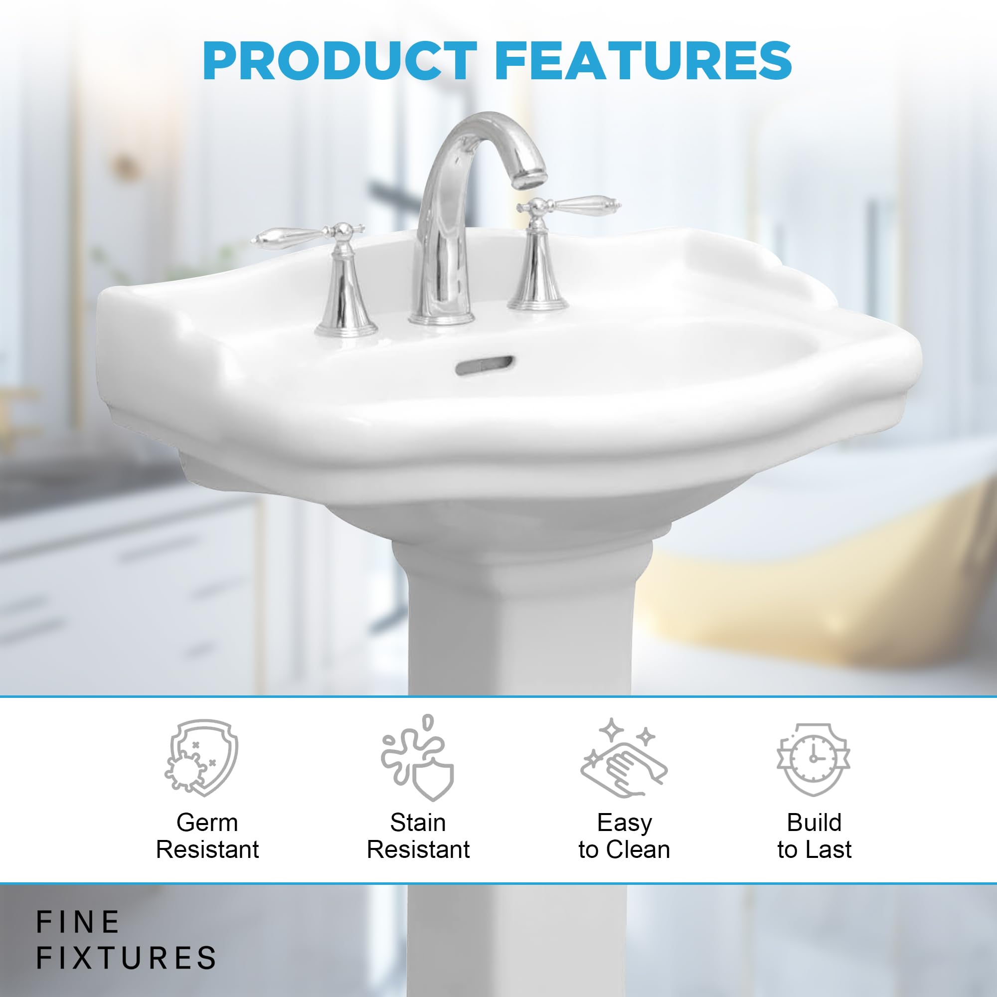 Fine Fixtures Roosevelt 18-Inch Pedestal Bathroom Sink - Durable Vitreous China Ceramic Small Sink with Single Hole Faucet - Perfect for Modern Bathrooms, Powder Rooms & Small Space Solutions