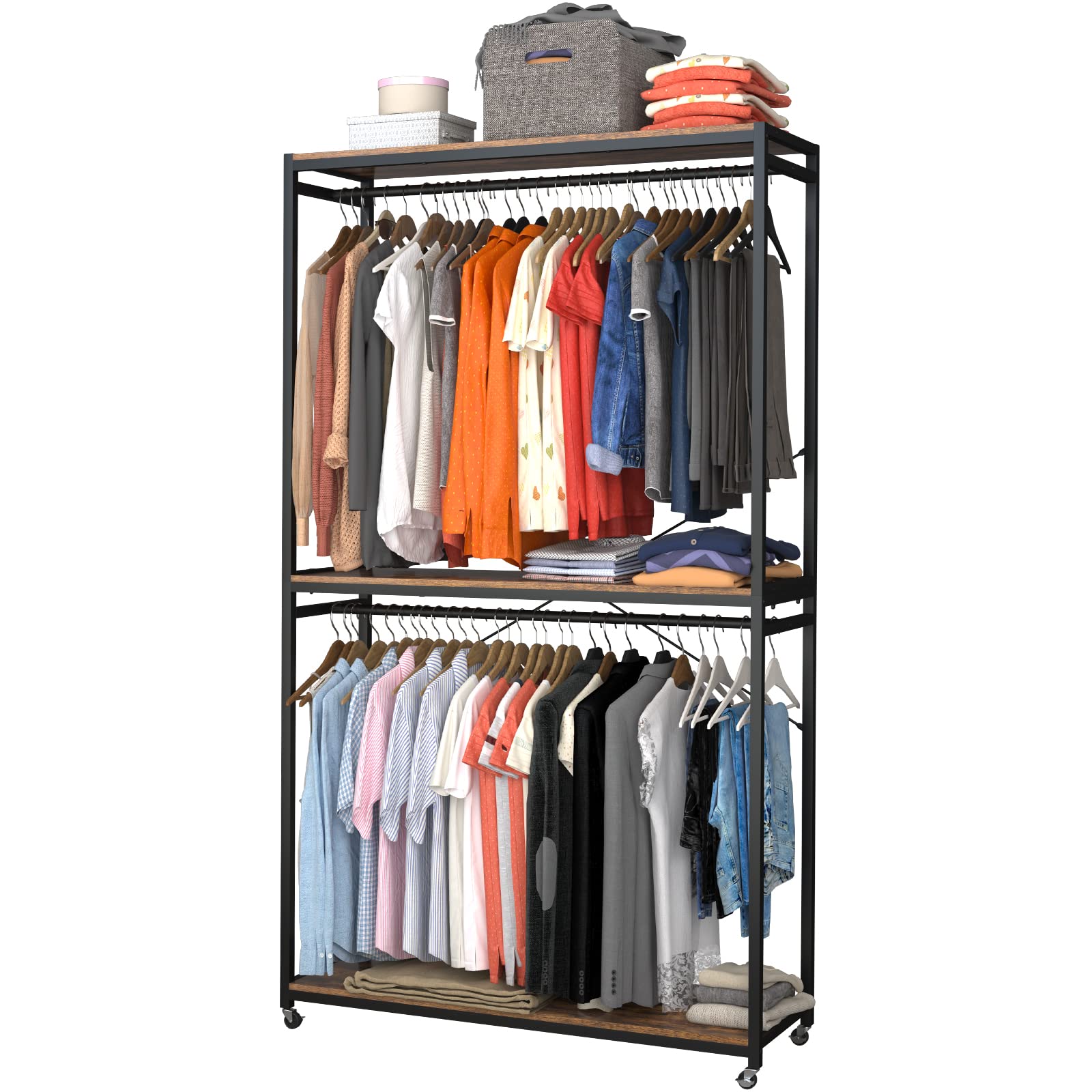 TOPSKY Heavy Duty Rolling Clothes Rack with 3-Tier Shelves & Double Hanging Rod - Rustic Brown Garment Storage Organizer for Bedroom, Closet, Laundry Room or Dorm