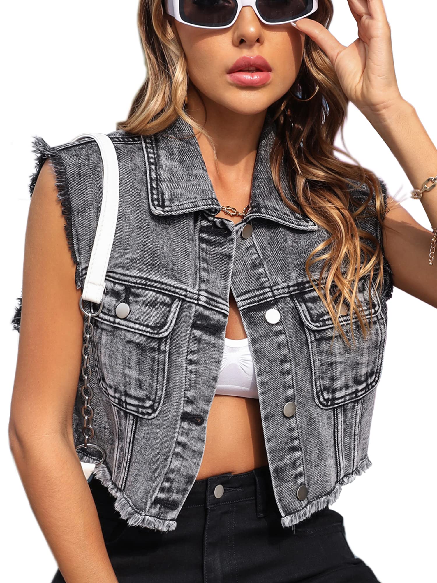 Women's Distressed Cropped Denim Vest - Button Up Ripped Sleeveless Jean Jacket with Pockets | Casual Outfit Layering for Spring & Summer | Streetwear Fashion, Music Festivals, Weekend Wear