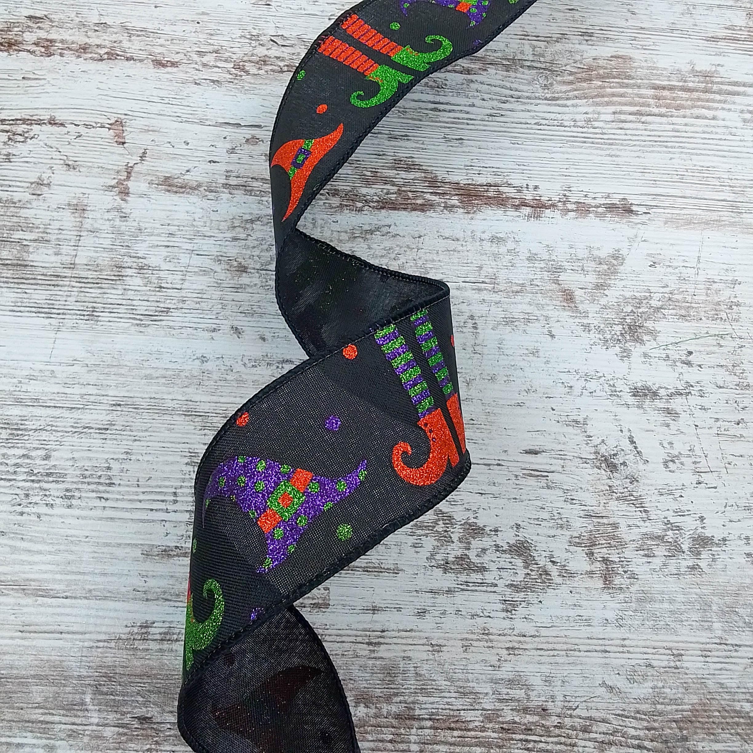 Glitter Witch Legs & Hats Wired Edge Ribbon - 2.5 Inches x 10 Yards Black Halloween Decoration for Costumes, DIY Crafts, Party Decor, and Gift Wrapping