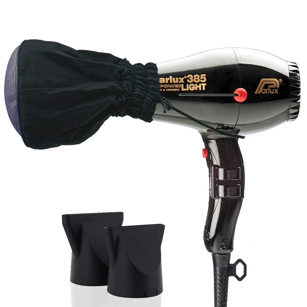 Parlux 385 Black Powerlight Ionic & Ceramic Hair Dryer with Metal Mesh Diffuser - Professional Salon Quality Blow Dryer for Frizz Control & Fast Drying - Perfect for Home & Salon Use