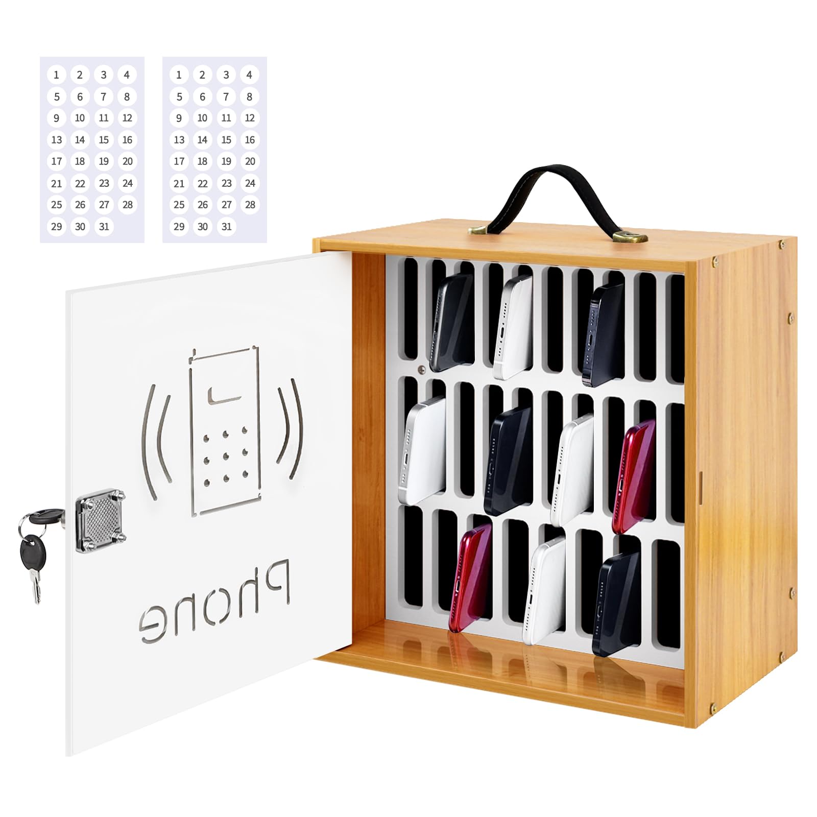 31-Slot Wooden Cell Phone Storage Cabinet with Handle & Security Lock - Cherry Wood Desktop Phone Holder for Classroom, Office, and Home Organization