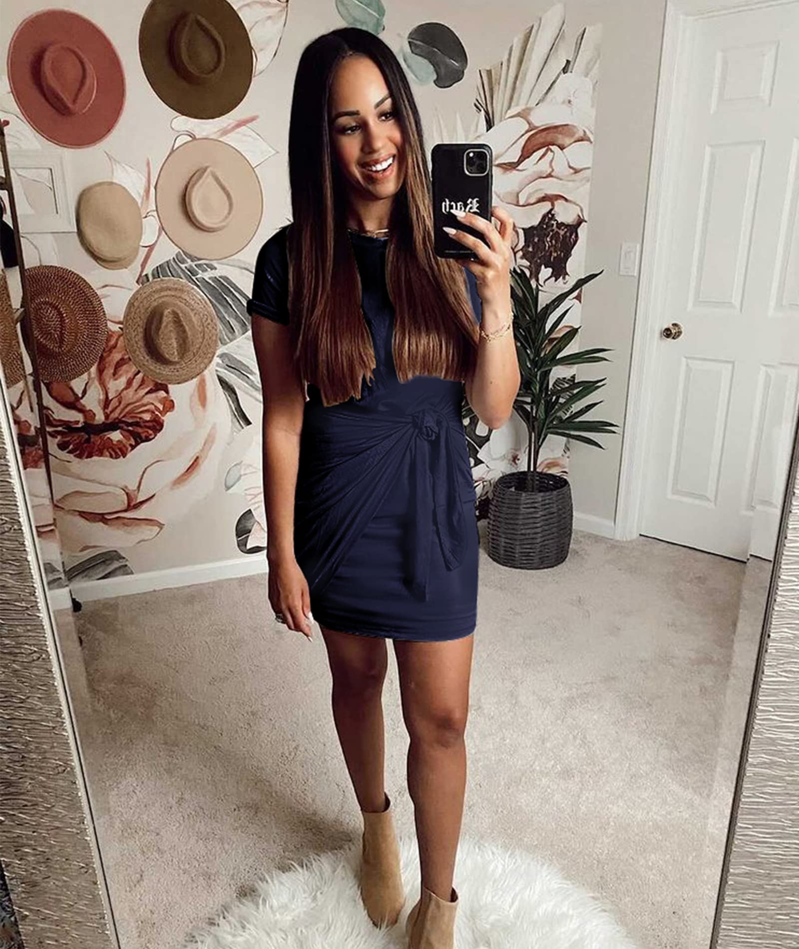 BTFBM Women's 2025 Spring Summer Casual Short Sleeve Ruched Bodycon Tank Dress with Tie Waist - Perfect for Beach, Vacation & Summer Outfits