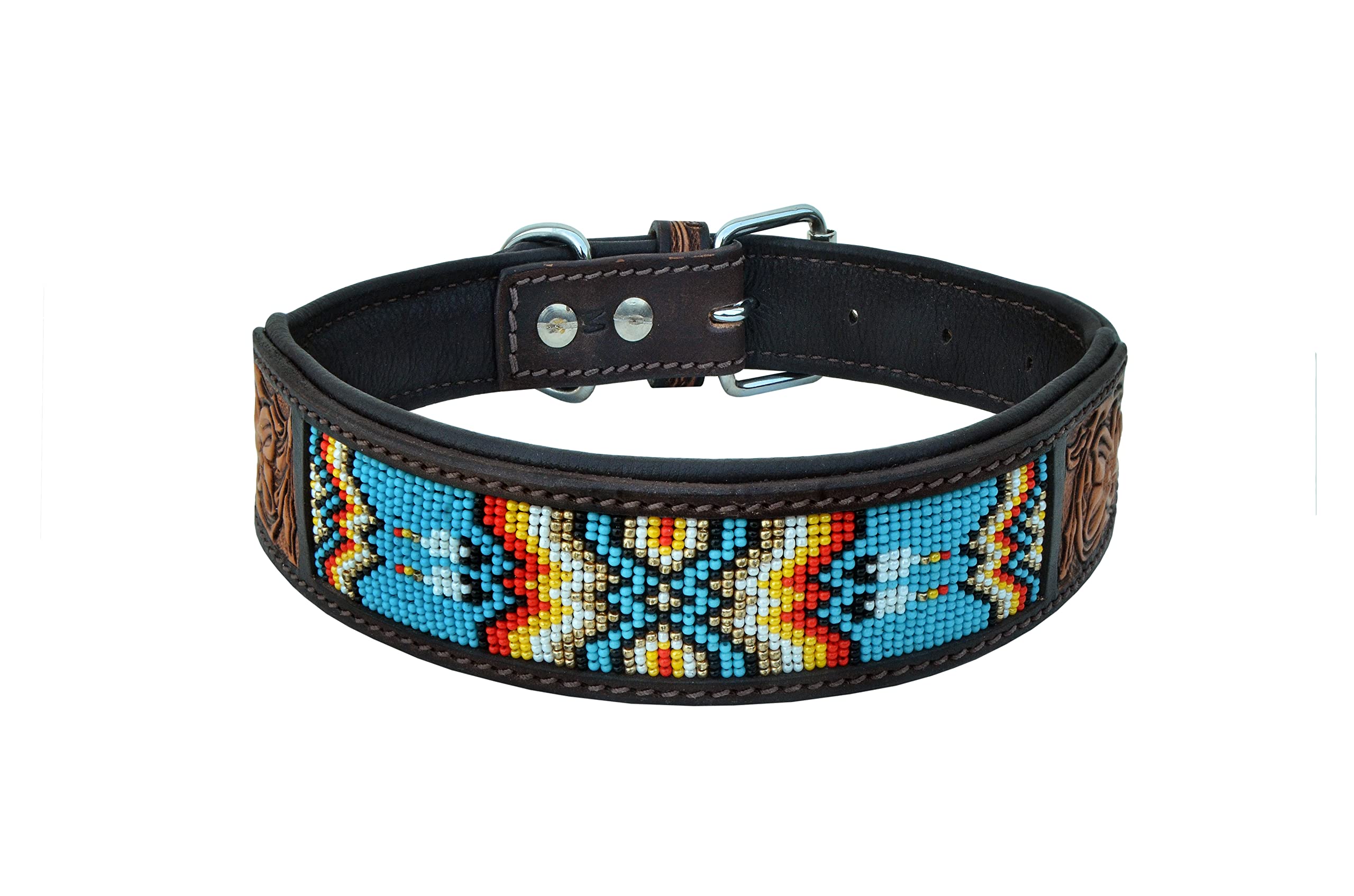 Western Style Heavy Duty Leather Dog Collar - Hand Tooled, Adjustable, Beaded & Padded for Puppies & Large Dogs | Durable & Comfortable for Daily Walks, Training & Outdoor Adventures (10AB011)