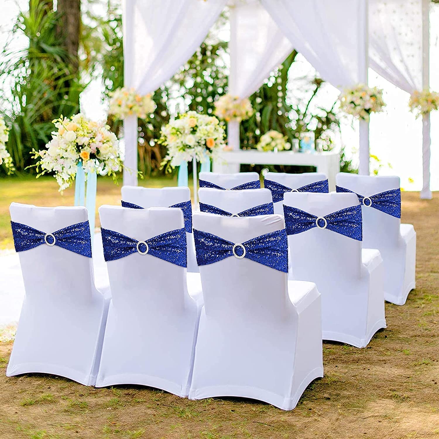 100pcs Blue Sequin Chair Sashes - Stretch Spandex Chair Bands with Buckles for Wedding, Banquet, Birthday, Graduation, Anniversary & Prom Decorations | Perfect for Party Chair Decor, Table Runner Accents, and Celebration Venue Styling