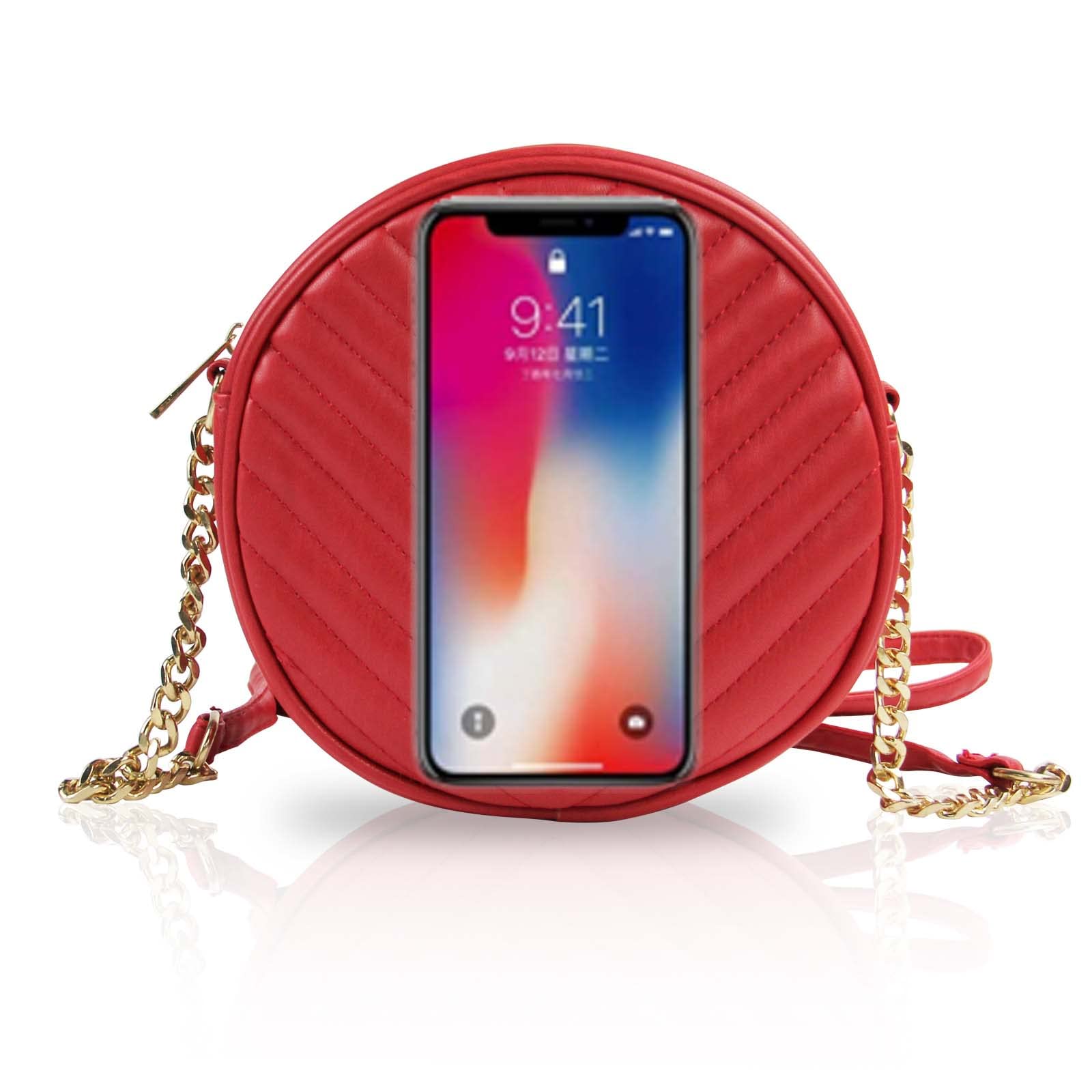 Stylish Round Crossbody Bag for Women - PU Leather Shoulder Purse with Adjustable Metal Chain Strap | Zippered Phone Pocket | Perfect for Everyday Use, Date Night & Travel Accessories