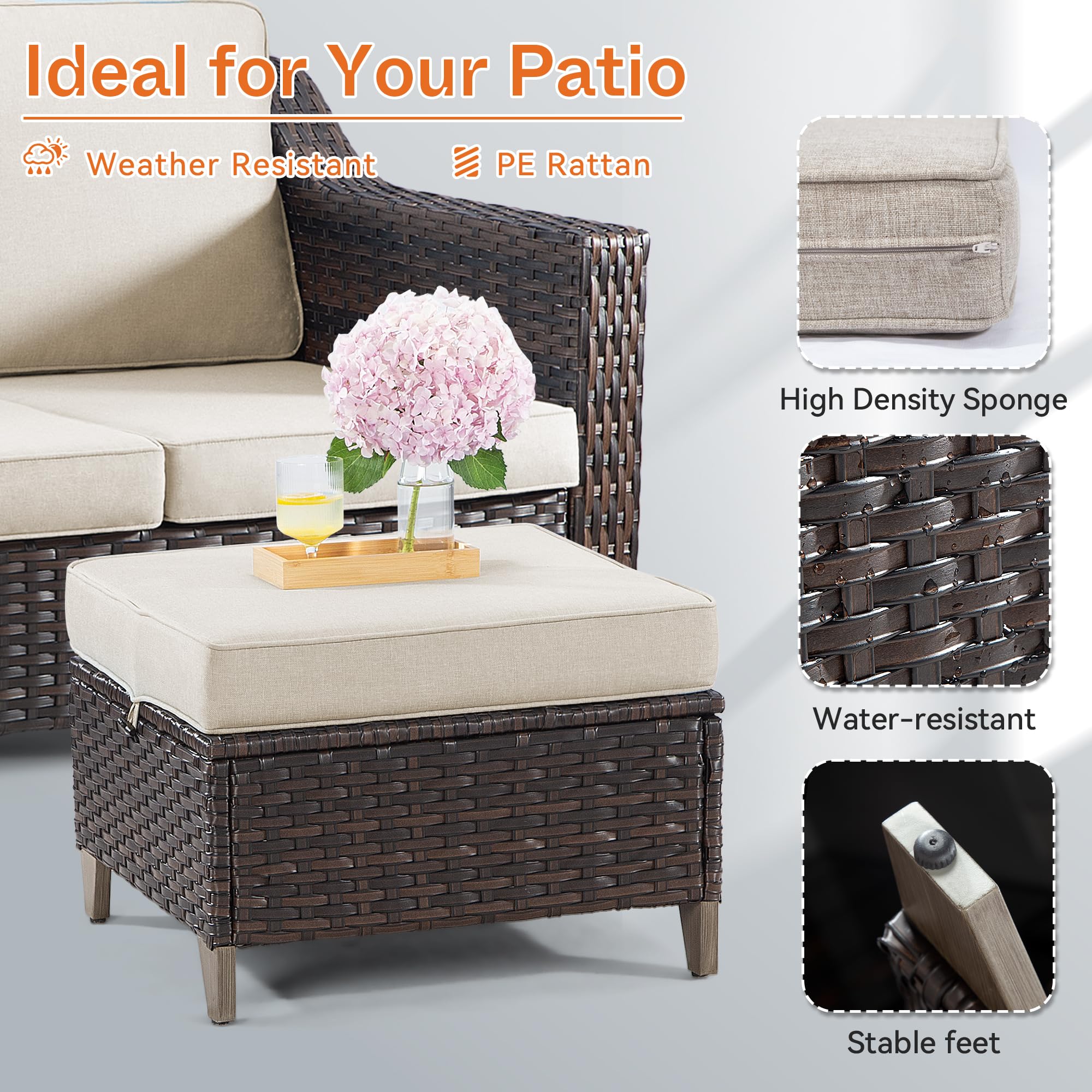 All-Weather Outdoor Rattan Ottoman Set of 2 - Waterproof Patio Footstools with Removable Cushions for Garden, Backyard, Porch (Brown/Beige) - Perfect for Poolside Lounging, Outdoor Entertaining & Relaxation