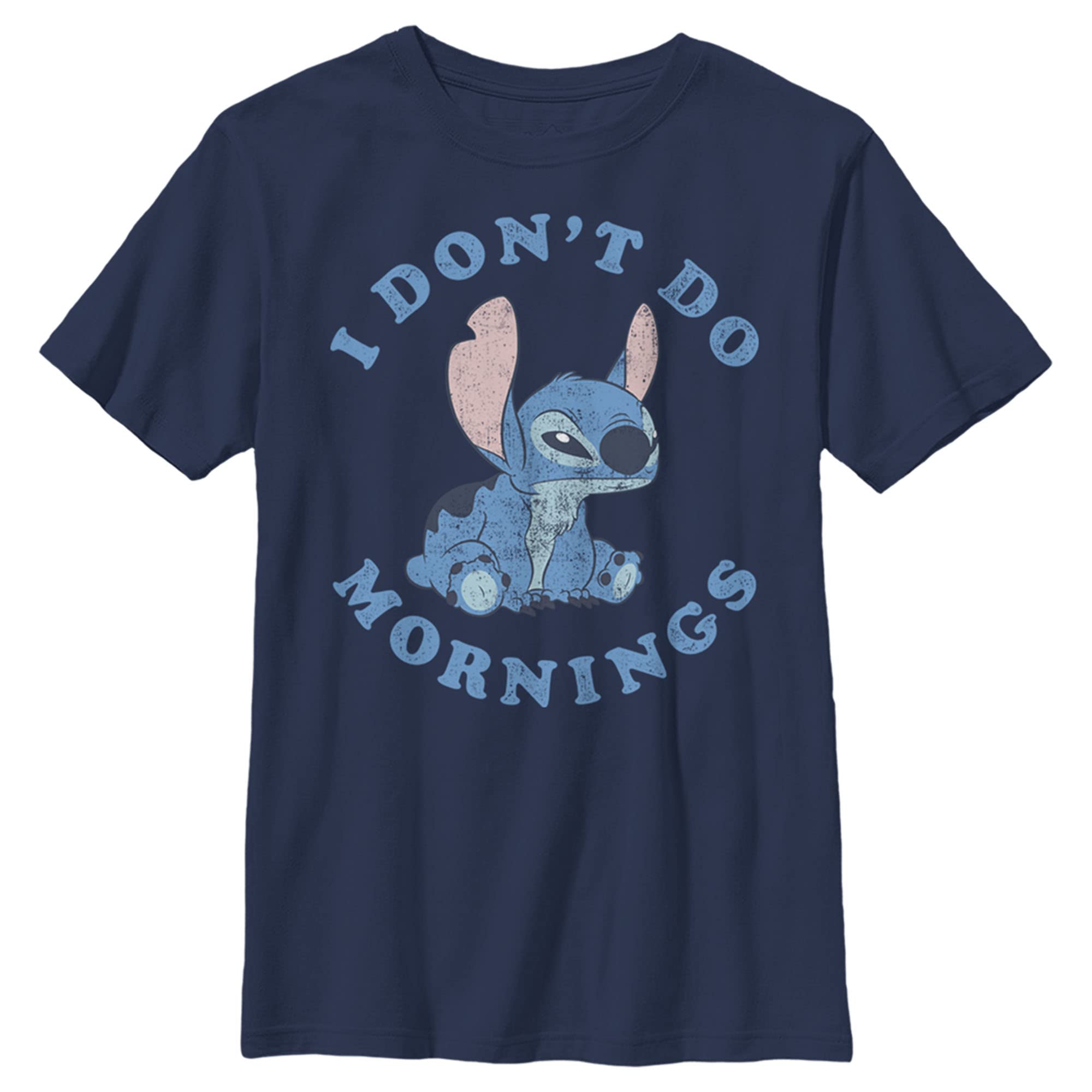Boys Lilo & Stitch 'I Don't Do Mornings' Graphic Tee - Light Blue & Navy Blue T-Shirt - Large Size - Casual Kids Outfit for School, Playdates & Disney Theme Days