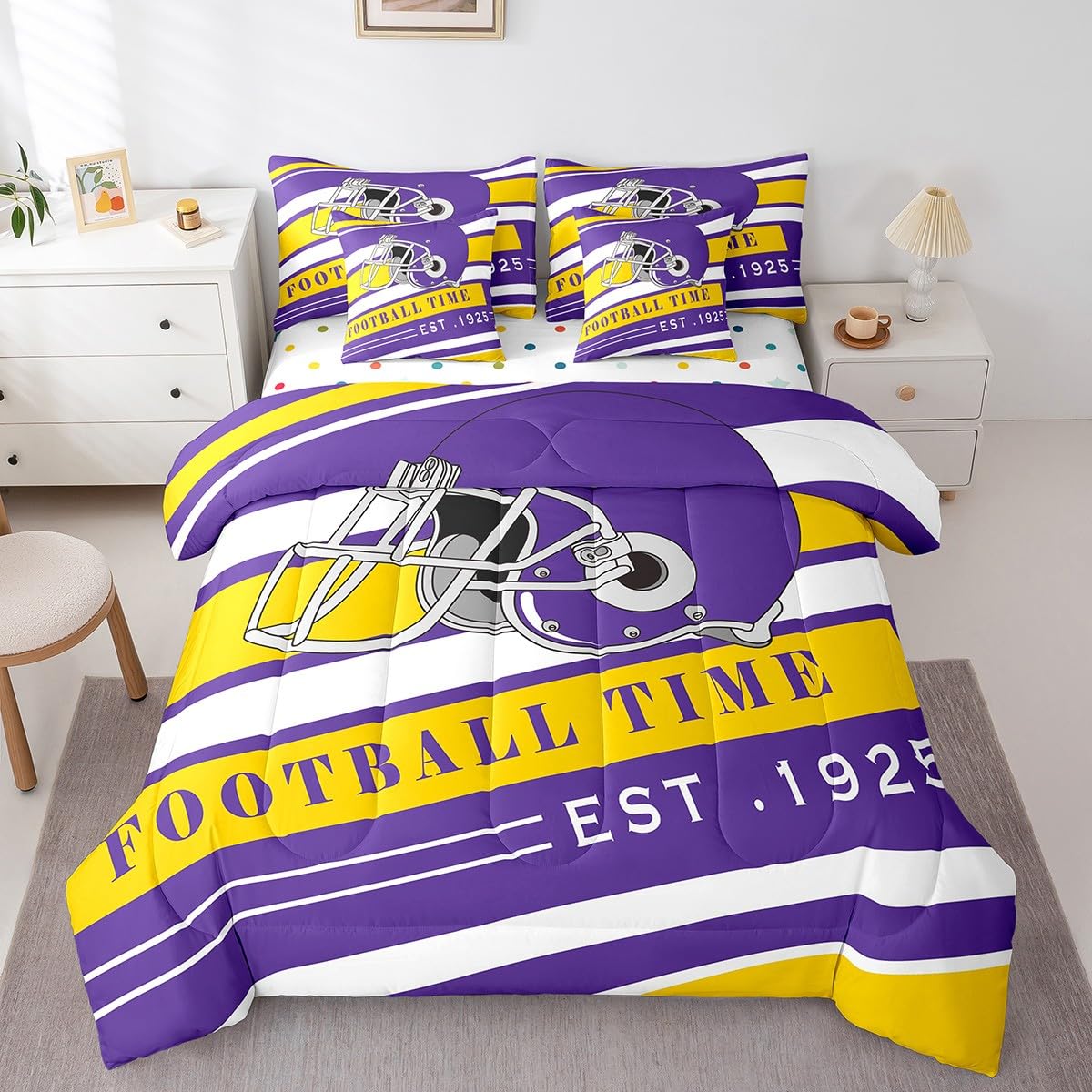 Erosebridal 7-Piece Football Rugby Comforter Set for Boys Full Size - Purple & Yellow Striped Reversible Bedding Set with Rugby Ball Design - Perfect for Football Lovers' Bedroom Decor & Sports-Themed Kids Room