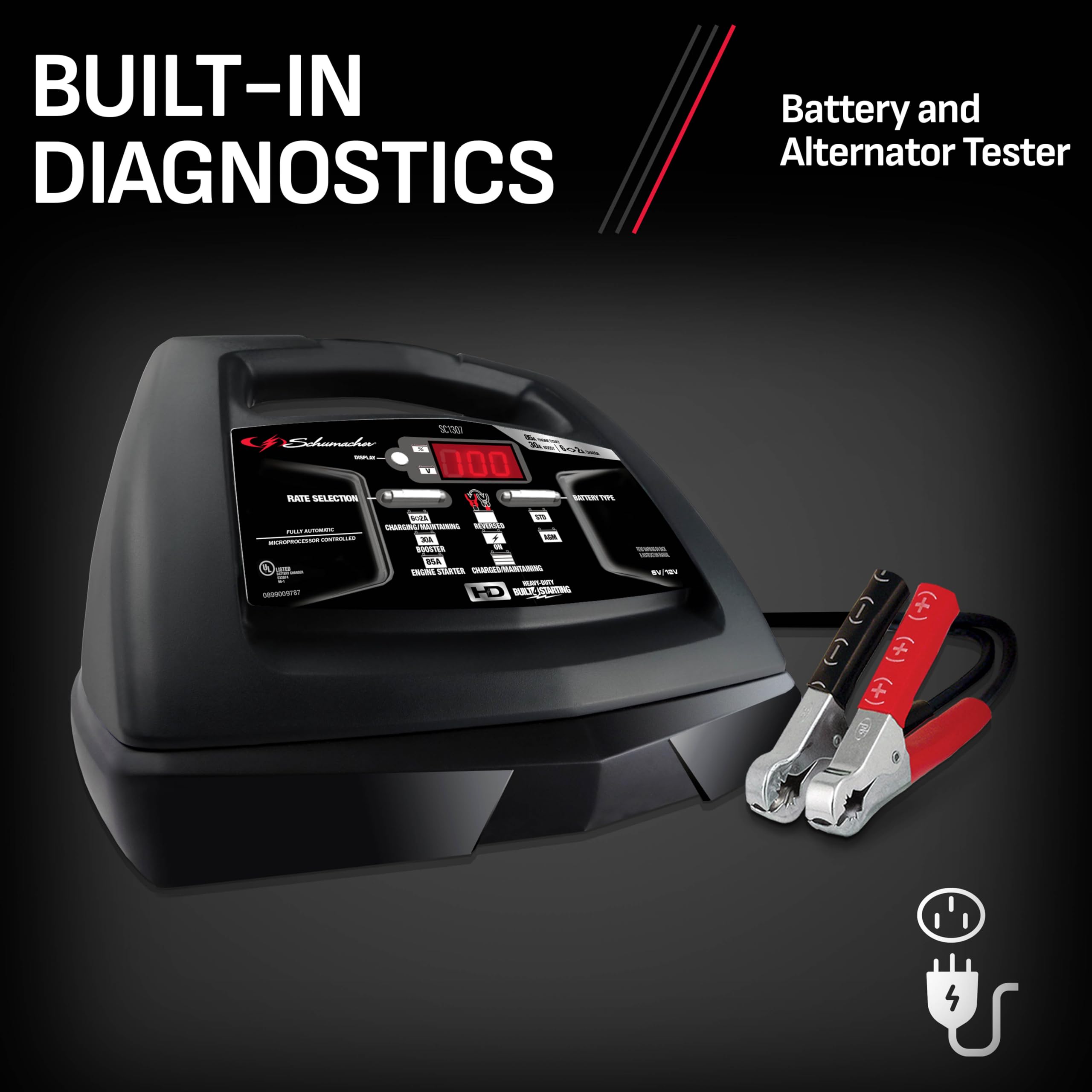 Schumacher SC1307 6-in-1 Fully Automatic Battery Charger & Engine Starter - 85A Cranking Power, 30A Boost Mode - Car, Truck, Motorcycle & Marine Battery Charger - Ideal for Emergency Jump Starts & Winter Vehicle Maintenance