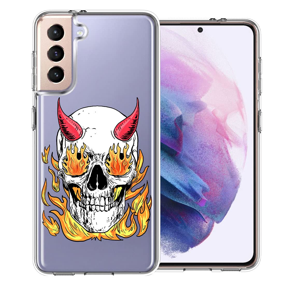 Flaming Devil Skull Double Layer Phone Case for Samsung Galaxy S21 - Protective Cover with Unique Design | Perfect for Gaming, Halloween & Punk Style