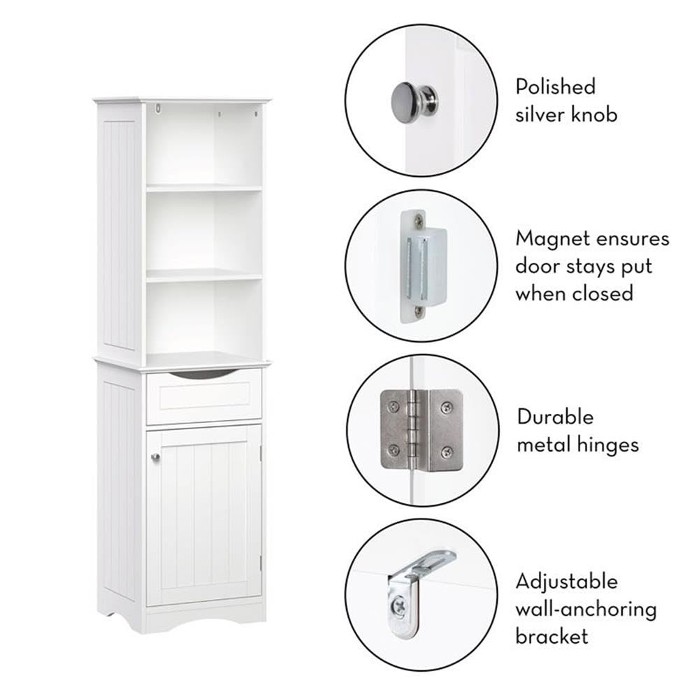 RiverRidge White Ashland Freestanding Bathroom Storage Cabinet with 3 Open Shelves & Drawer - Perfect for Organizing Towels, Toiletries & Bathroom Essentials in Small Spaces