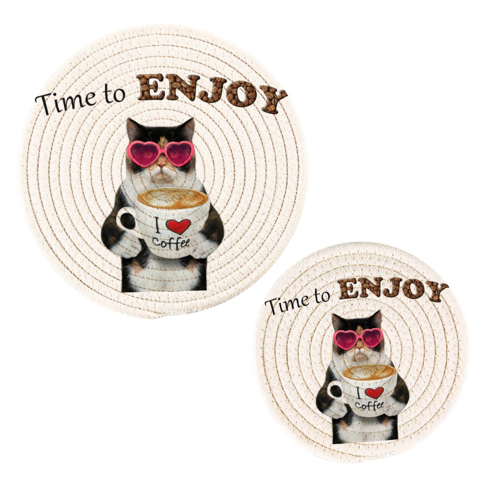 Funny Cat Coffee Quote Pot Holders & Trivets Set of 2 - Heat Resistant Kitten Cotton Weave Trivet Mats for Hot Pans, Bowls & Teapots - Perfect for Kitchen Decor & Coffee Lovers' Gift