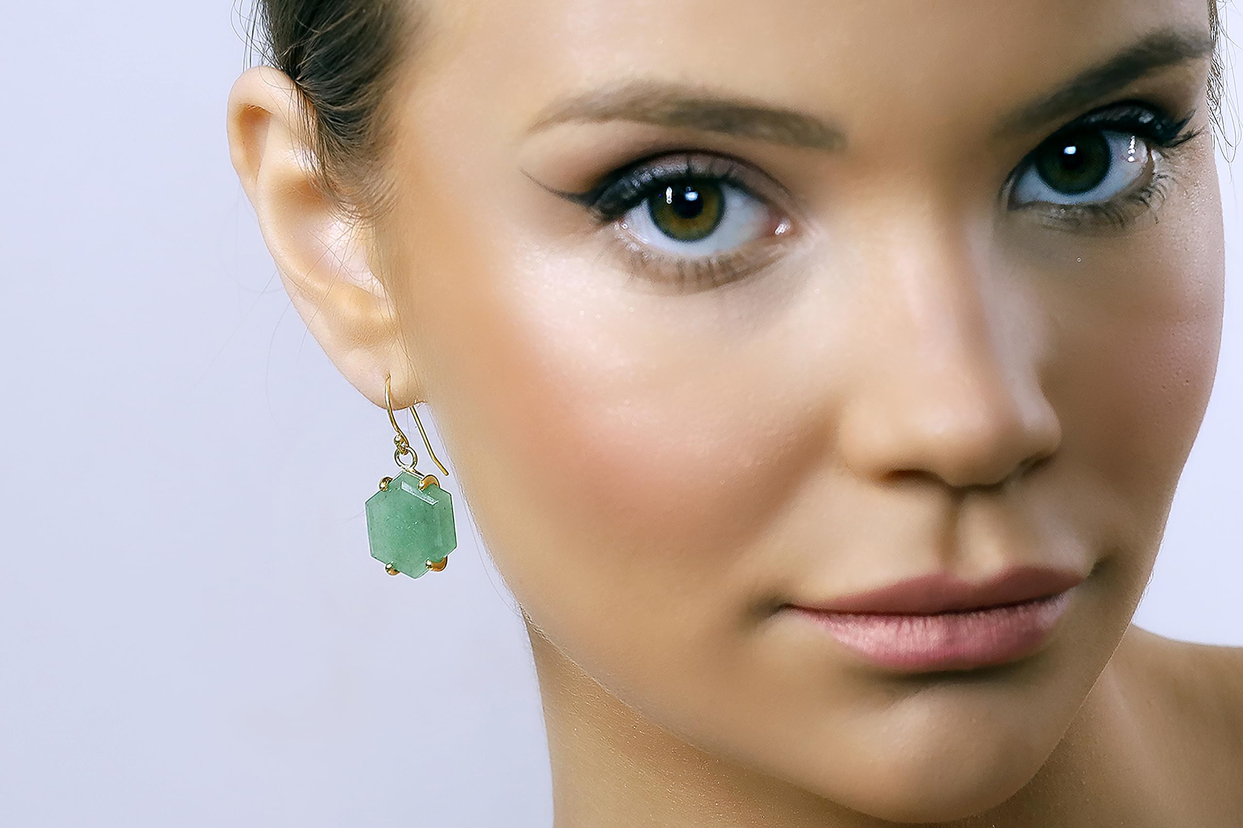 14K Gold Green Aventurine Hexagon Dangle Earrings for Women - Elegant Statement Jewelry for Party & Office