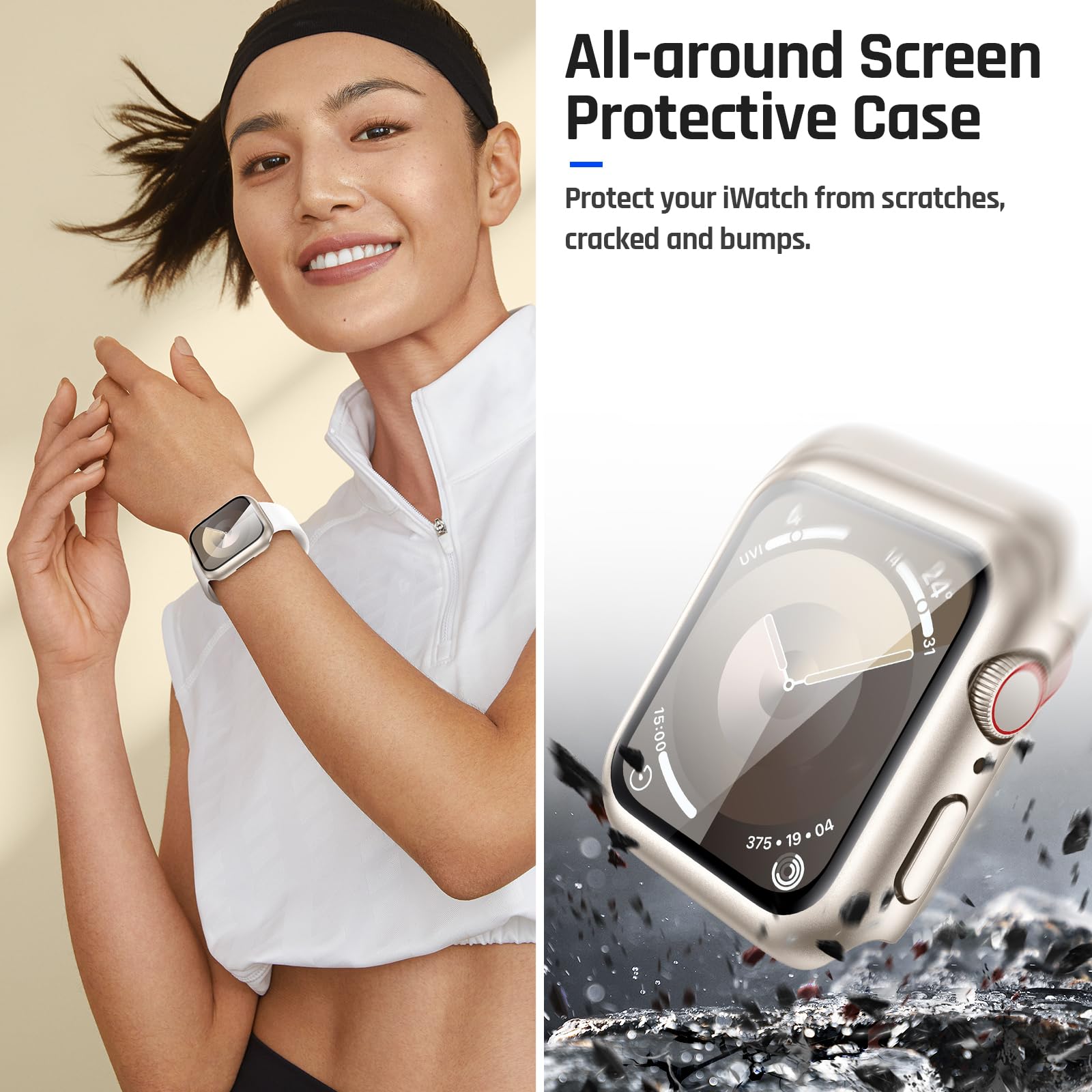 Waterproof Case for Apple Watch Series 9/8/7/6/5/4/SE (44mm 45mm 40mm 41mm) with Tempered Glass Screen Protector - Durable iWatch Protective Cover for Men & Women (Starlight) - Perfect for Swimming, Running & Outdoor Activities