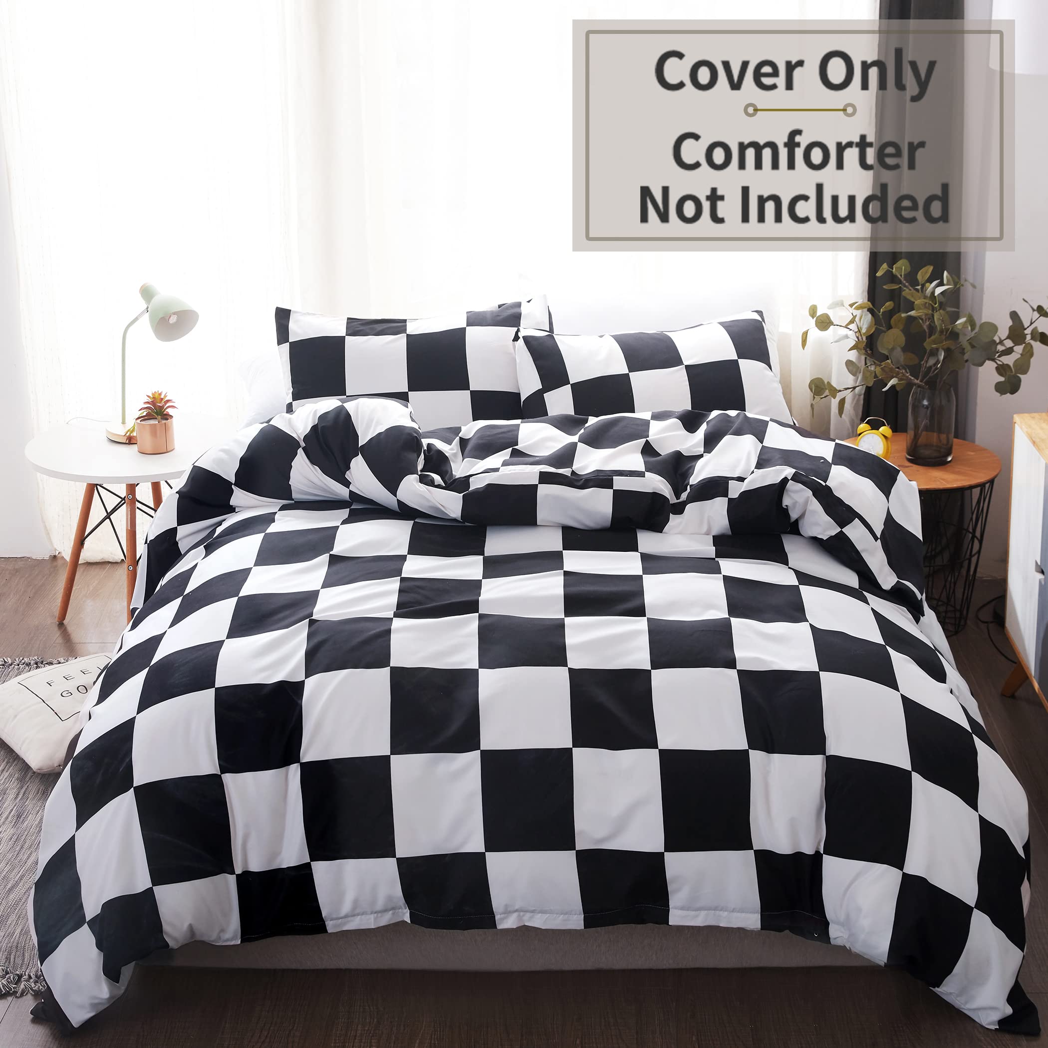 Premium Queen Size Duvet Cover Set - Luxury Plaid Grid Pattern Soft Bedding with 1 Duvet Cover & 2 Pillowcases (Black/White) - Perfect for Hotel-Style Comfort, Guest Rooms & Cozy Bedroom Decor