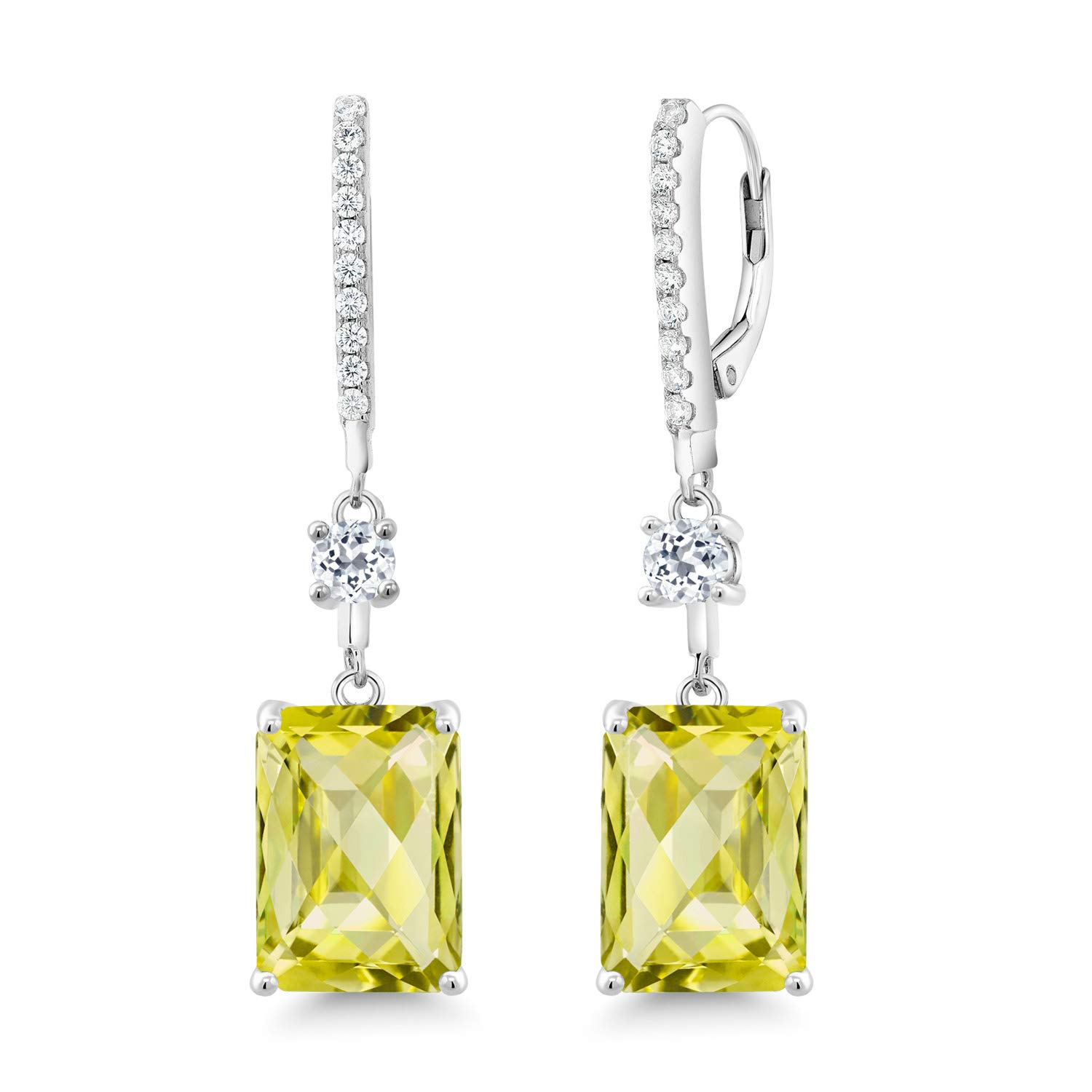 14.66 Ct Emerald Cut Lemon Quartz & White Topaz Dangle Earrings in 925 Sterling Silver | Gem Stone King | Elegant Jewelry for Women, Party & Wedding Accessories