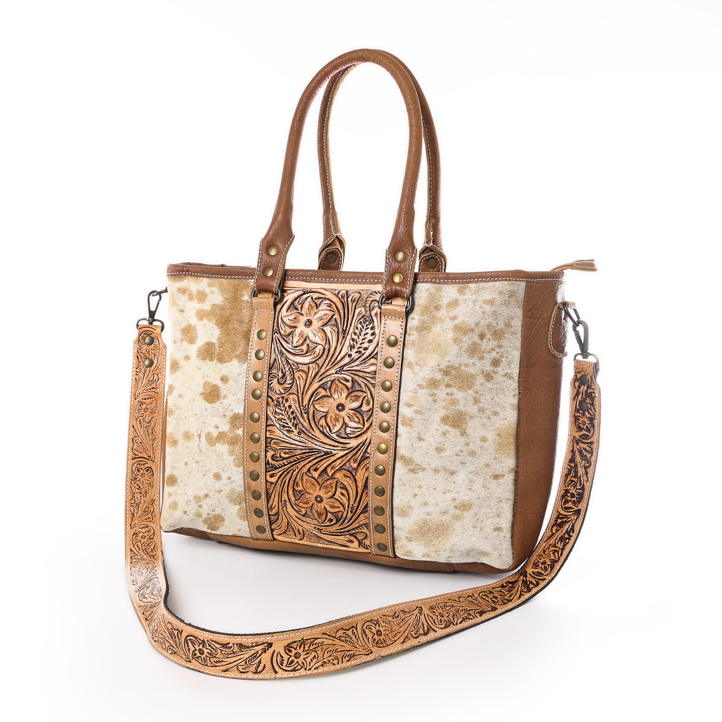 Western Cowhide Leather Tote Bag for Women with Adjustable Tooled Shoulder Strap - Stylish Handmade Leather Purse for Work, Travel & Everyday Use