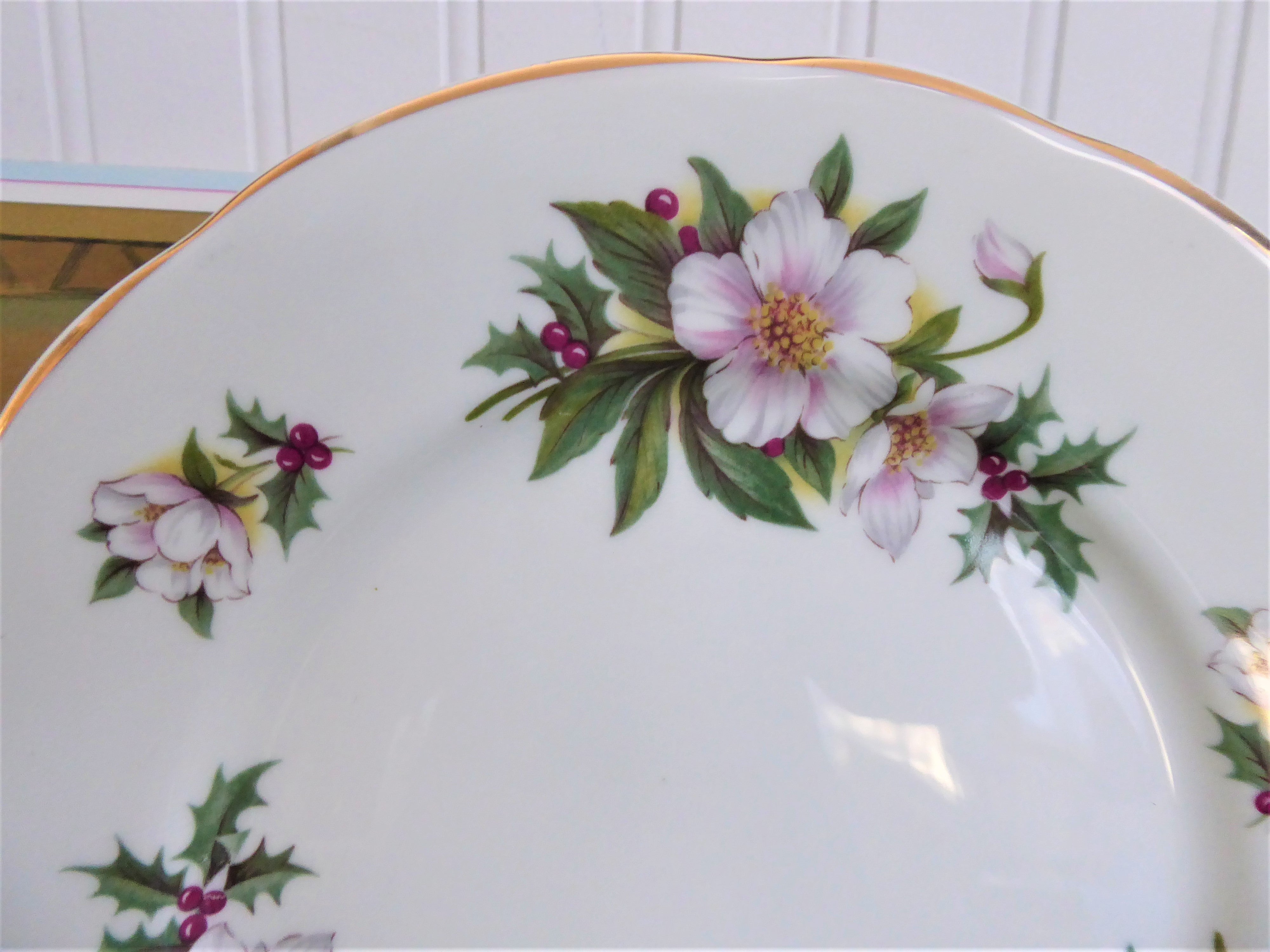 Vintage 1970s English Bone China Plate - Christmas Roses Holly Design, Salad Plate & Luncheon Plate for Holiday Dining & Collectors