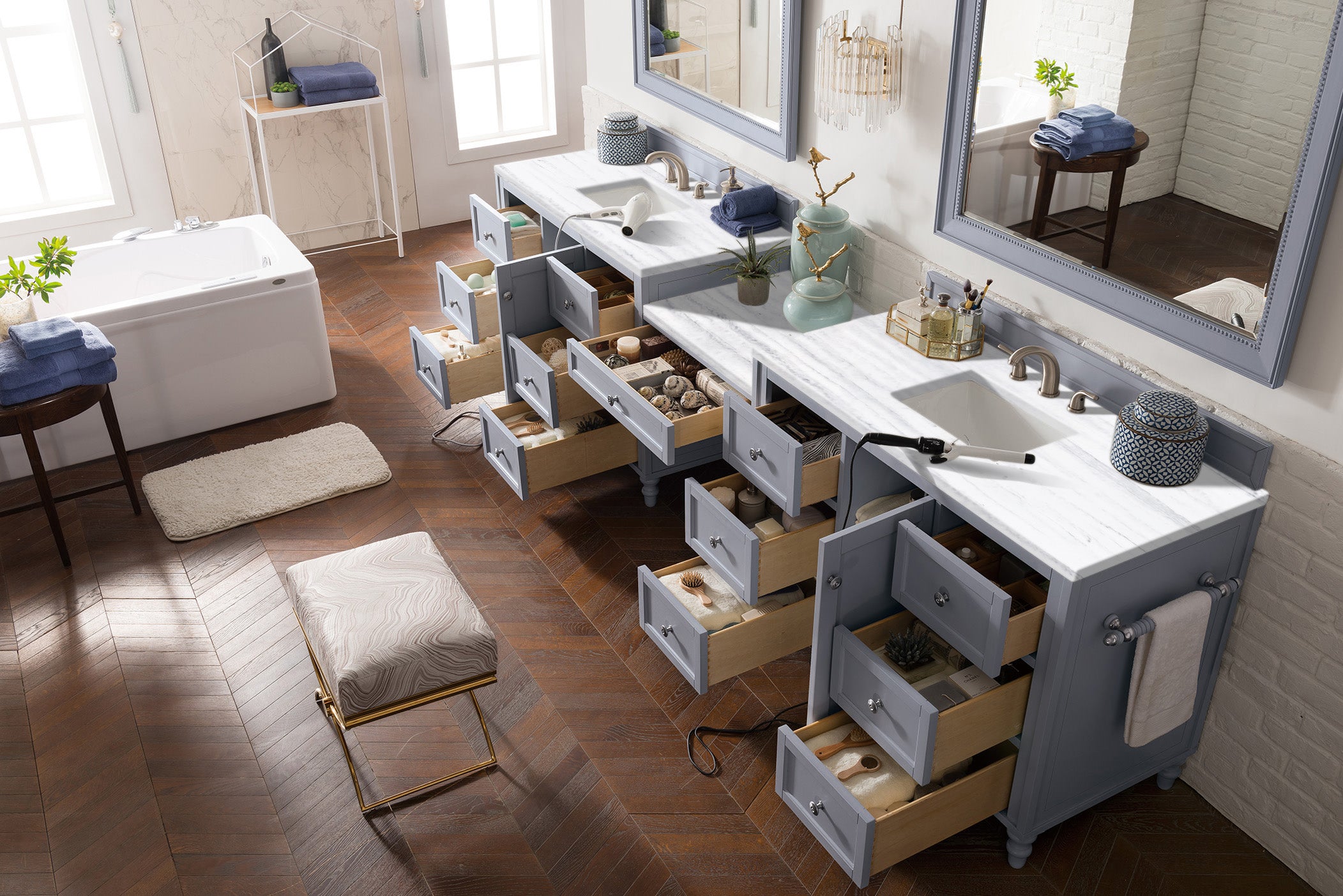 Copper Cove Encore 122 Double Vanity Set with Makeup Table - Silver Gray Finish, 3CM Arctic Fall Solid Surface Top - Perfect for Master Bathroom & Luxury Home Renovation