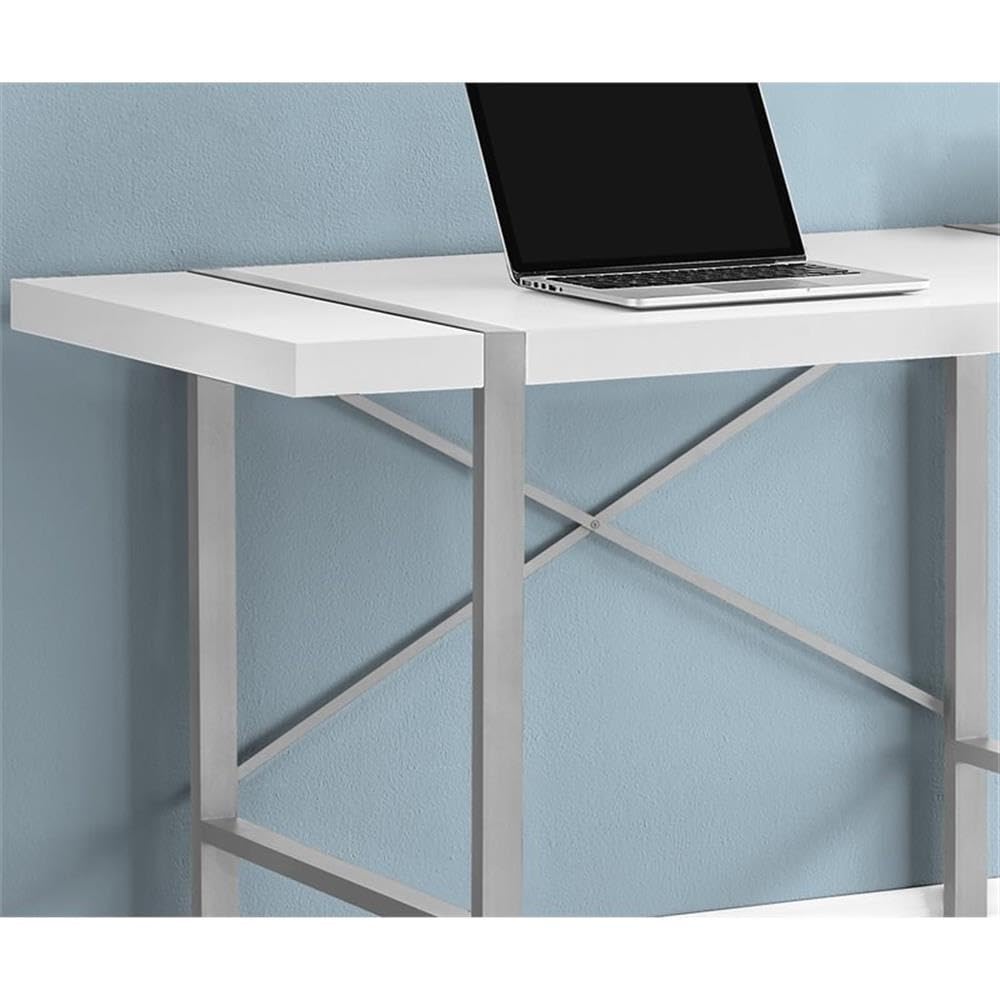 Pemberly Row Solid Wood Computer Desk with X-Shaped Base - White & Silver Finish for Home Office, Gaming, and Study Spaces