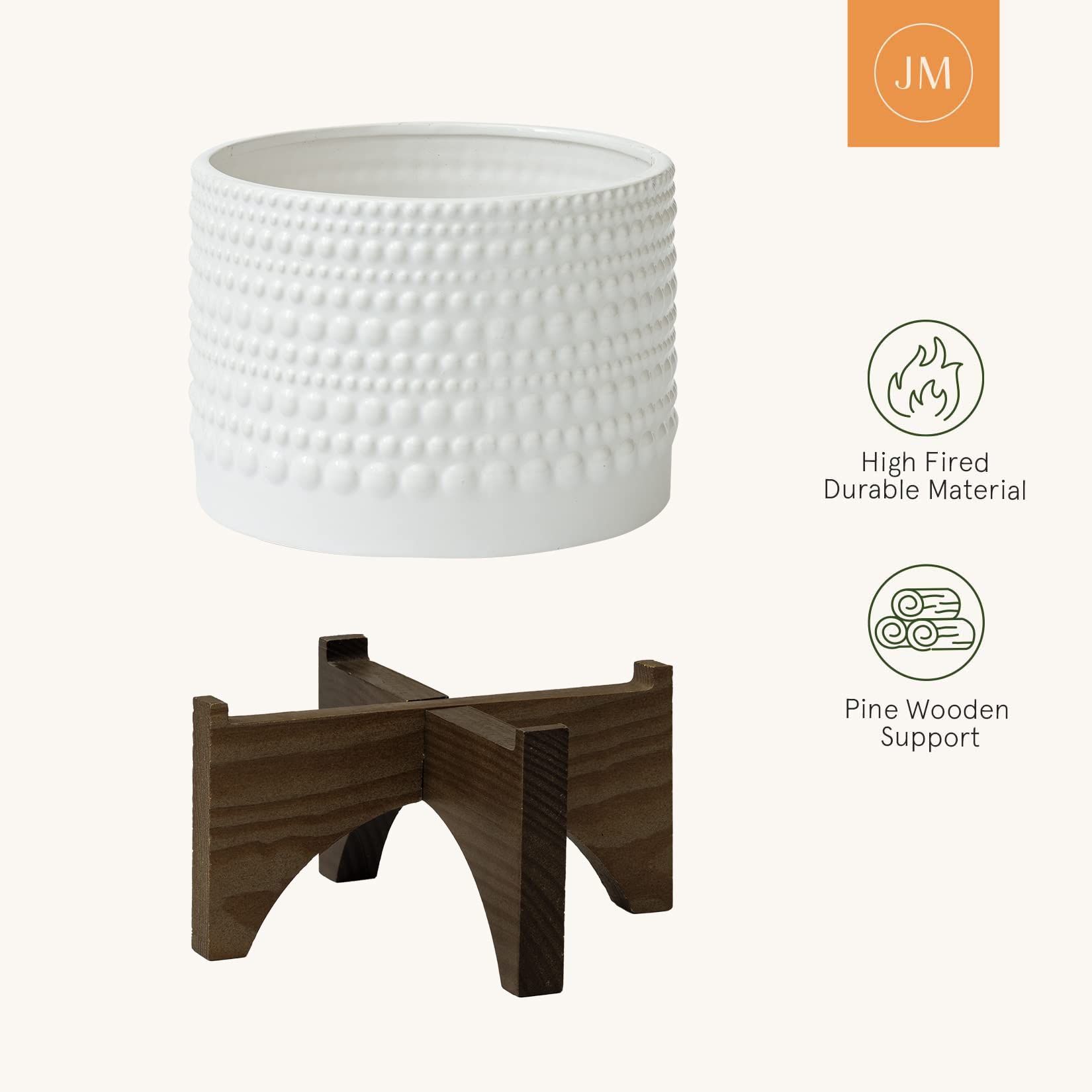 LA Jolie Muse 8 Inch White Ceramic Planter with Wood Stand - Cylinder Embossed Hobnail Pattern Flower Pot for Indoor Plants | Perfect for Home Decor, Office Desk, and Living Room Decorations