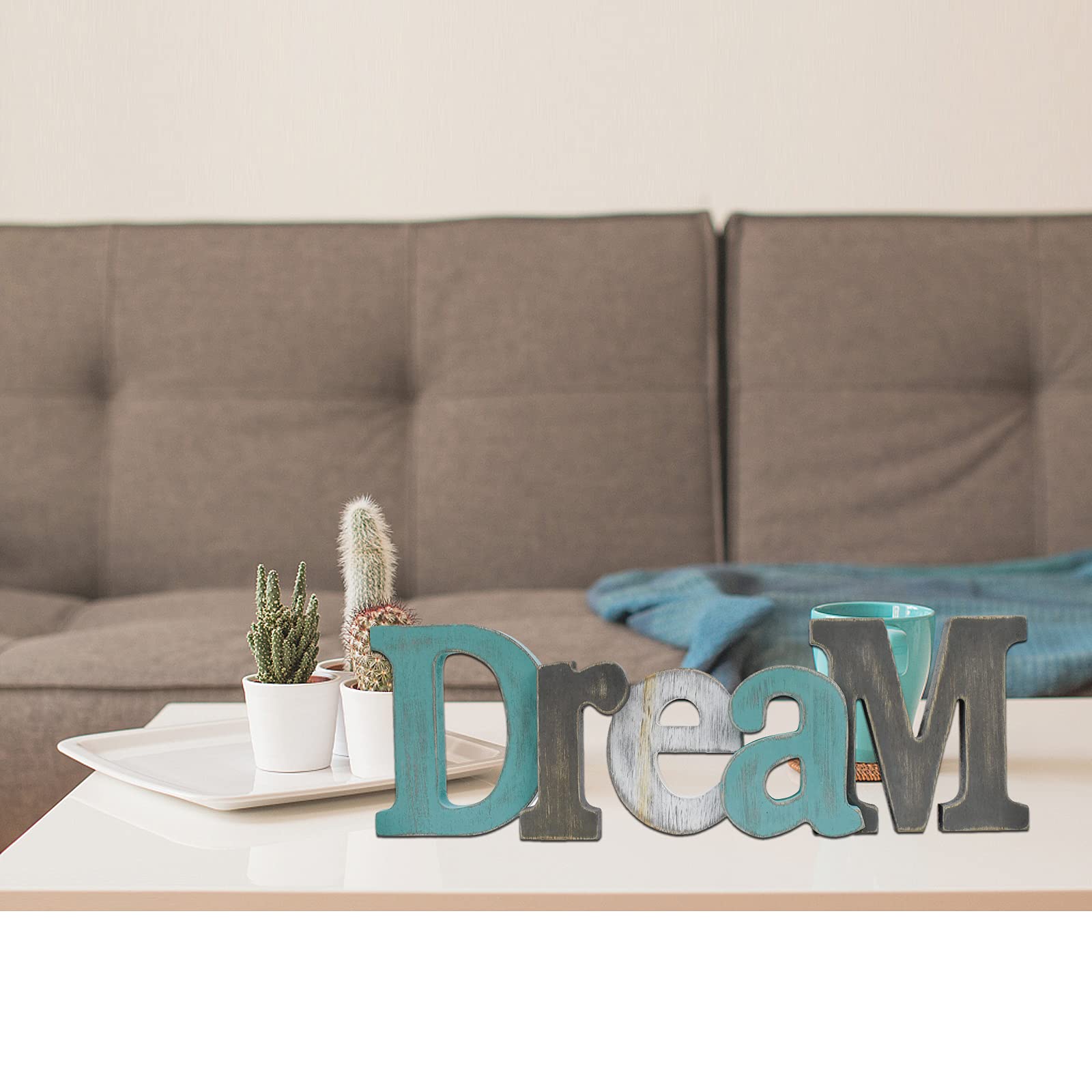Rustic Wood Home Sign Wall Decor - Dream Hanging Letters for Living Room